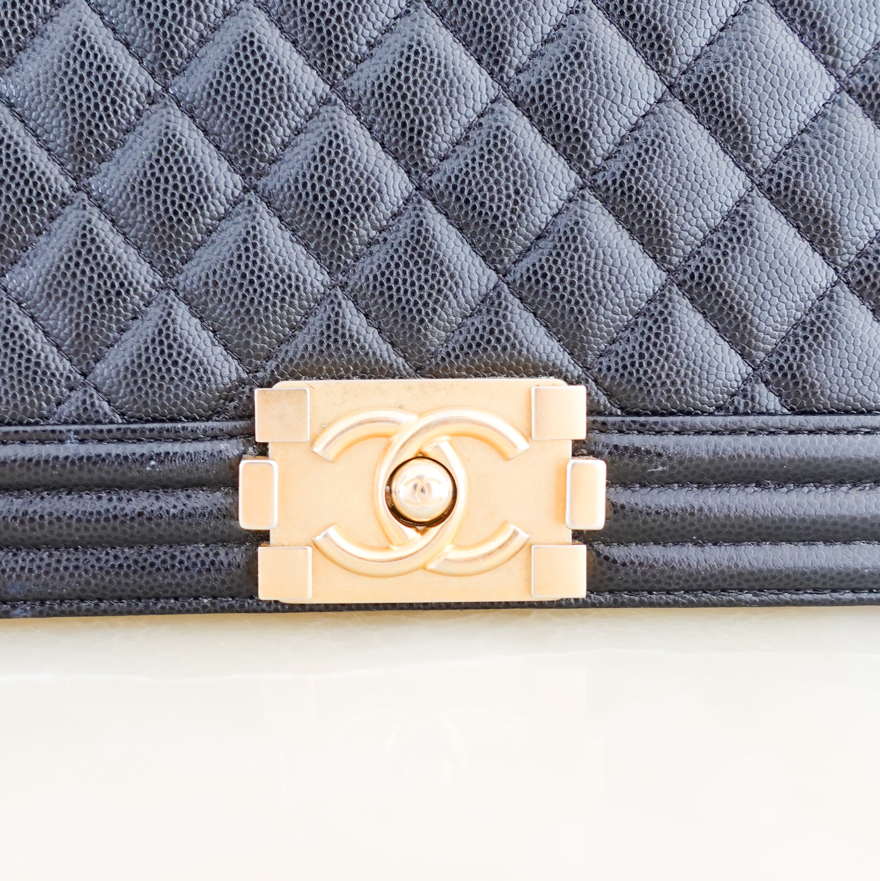 Chanel Medium Boy Bag in black caviar leather with gold CC clasp RRP £6,000 | Authentic Preloved
