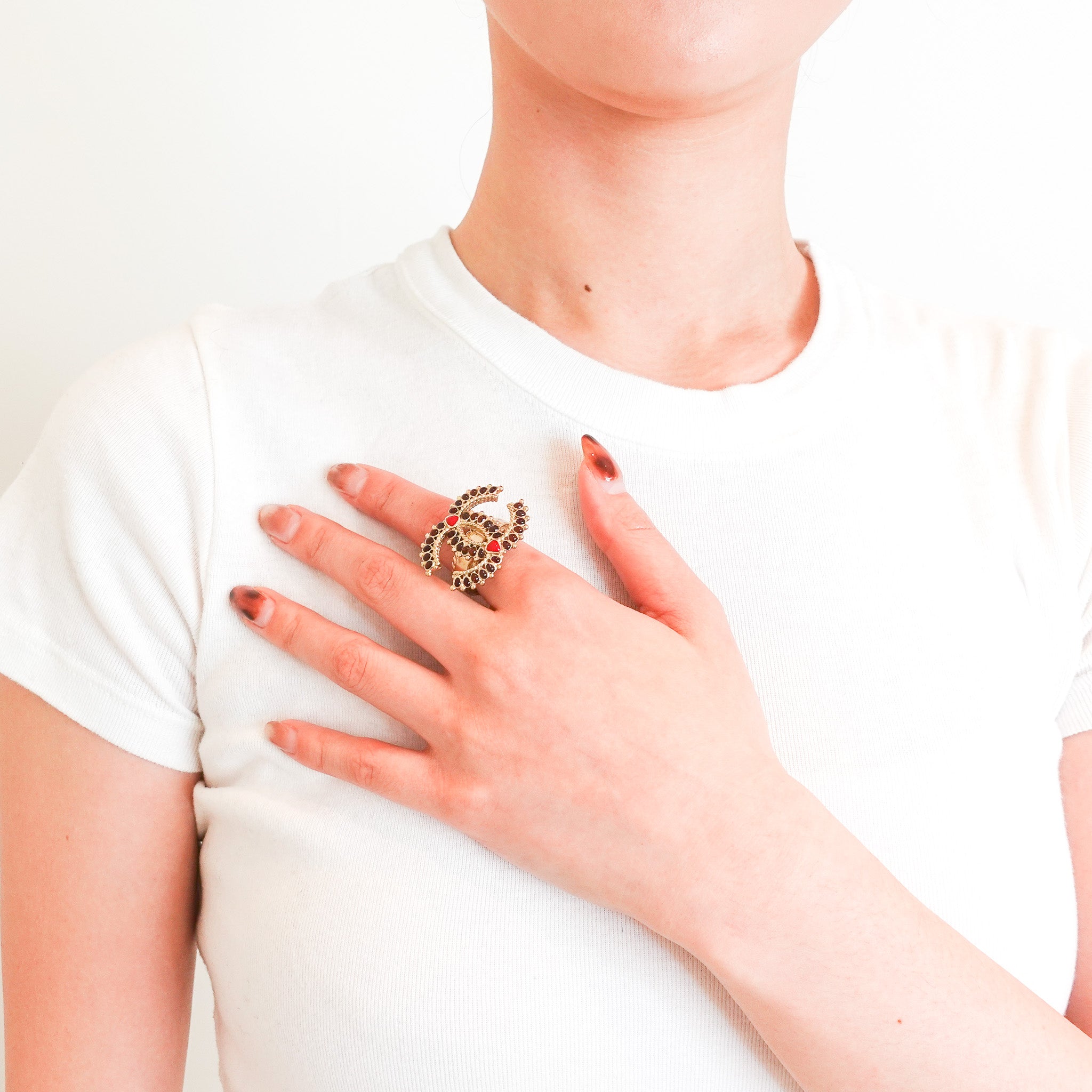 Chanel CC Red Rhinestone Cocktail Ring | Authentic Preloved - Reloved Again