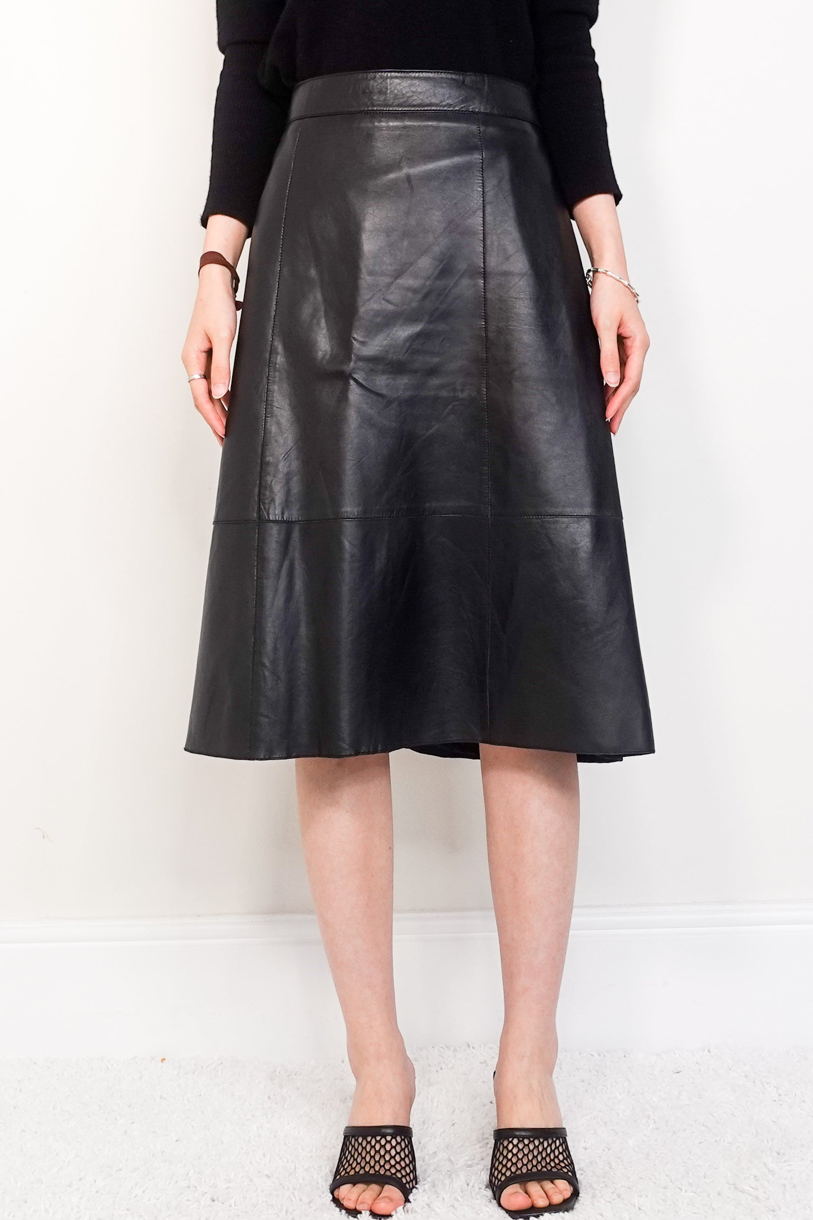 Black A-line leather skirt RRP £250