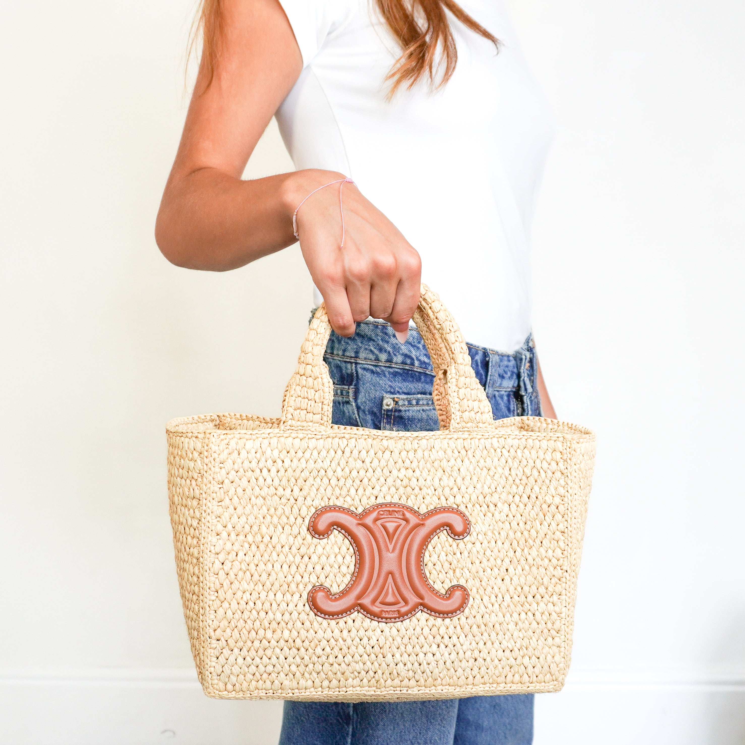 CELINE Small Cabas Thaïs in Raffia & Calfskin in Tan (RRP £1500) | Authentic Preloved
