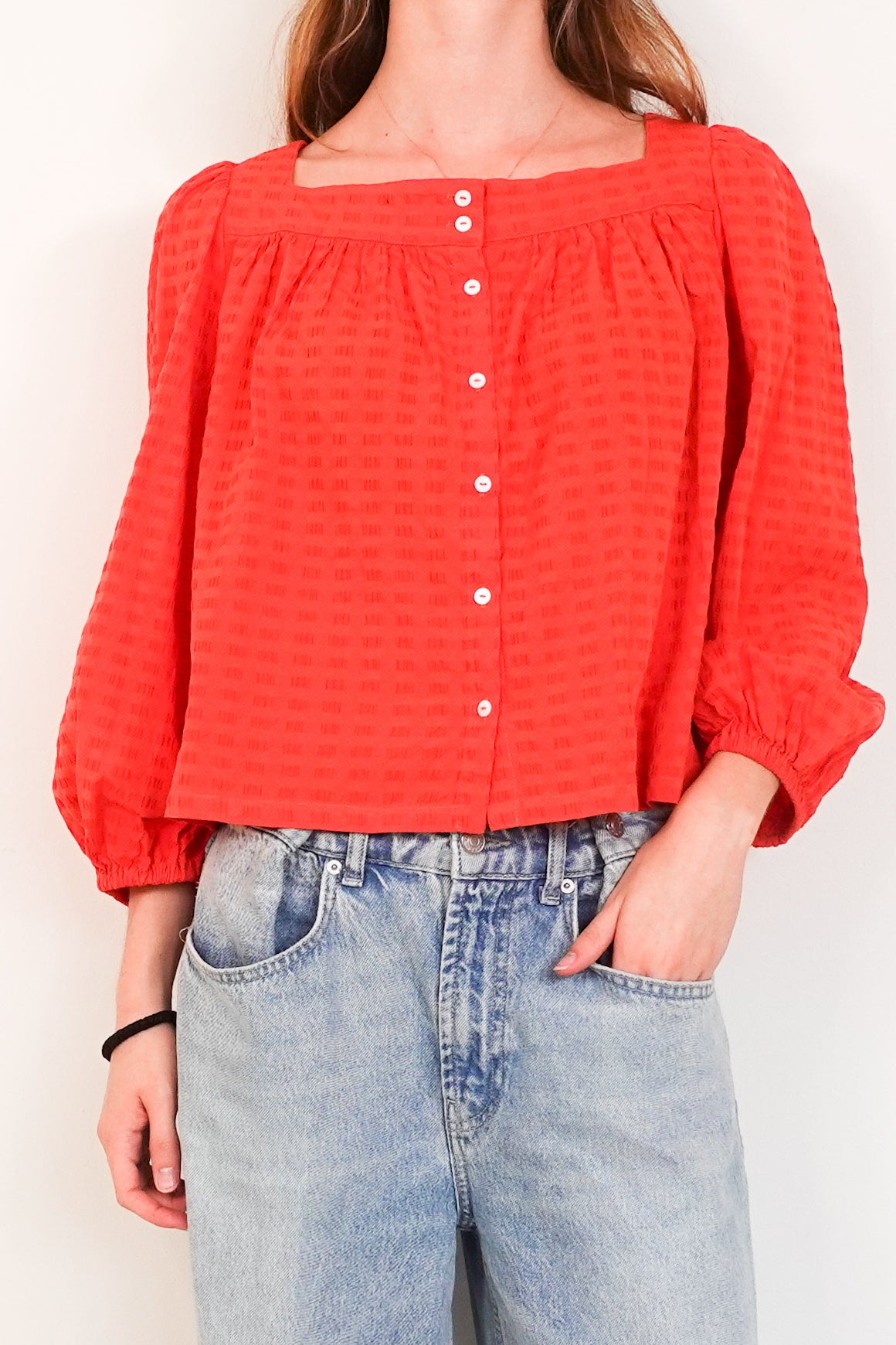 Square neck red top