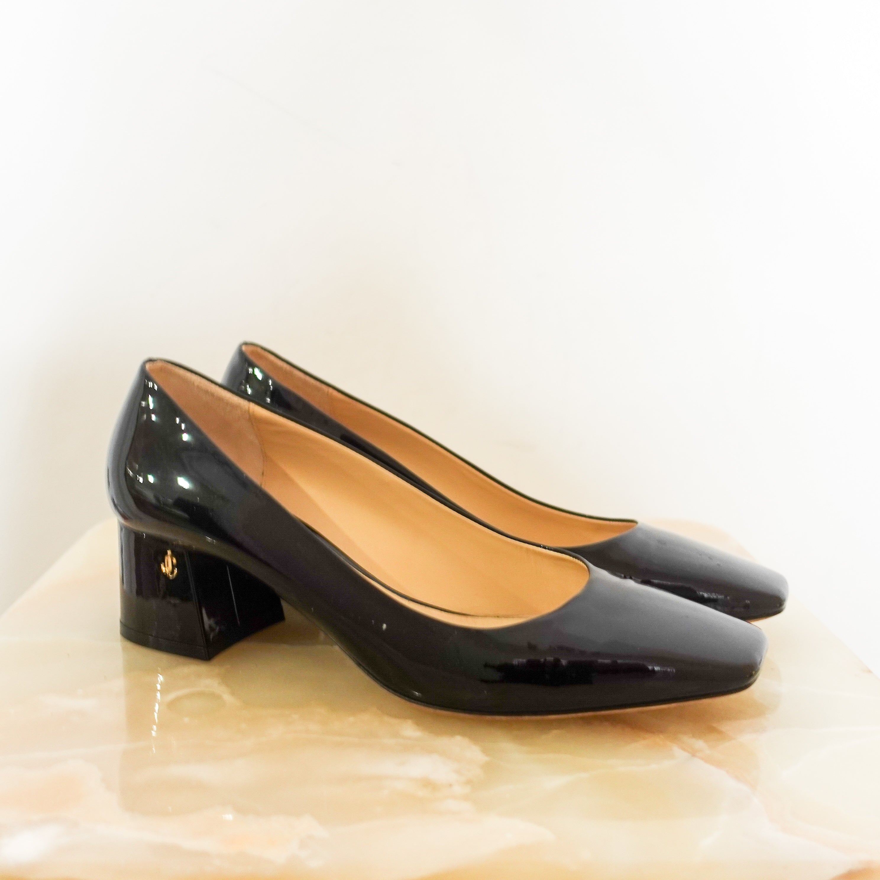 Patent black square block heel RRP £600