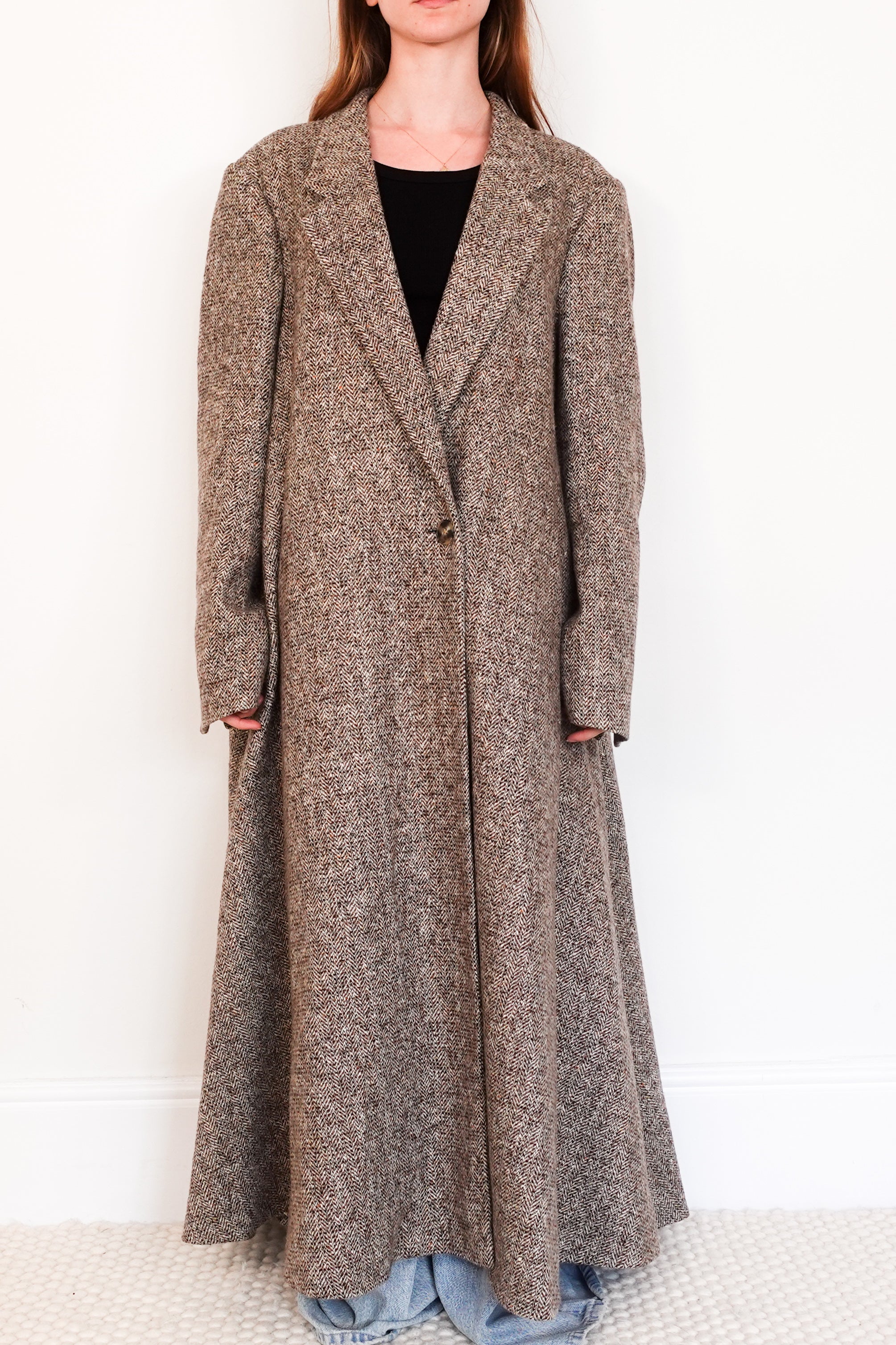 Brown tweed wool blend longline coat RRP £2k