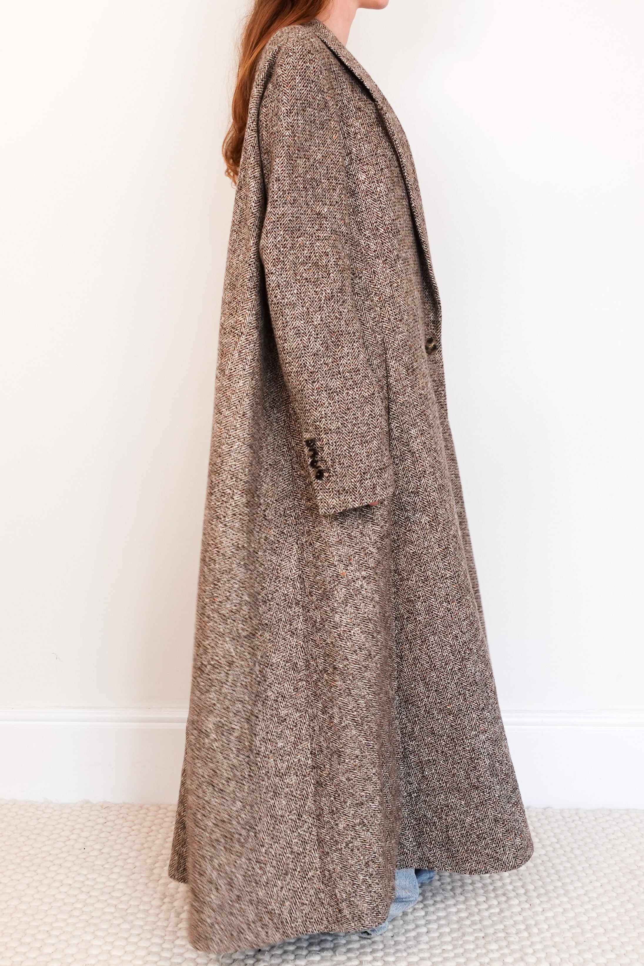 Brown tweed wool blend longline coat RRP £2k