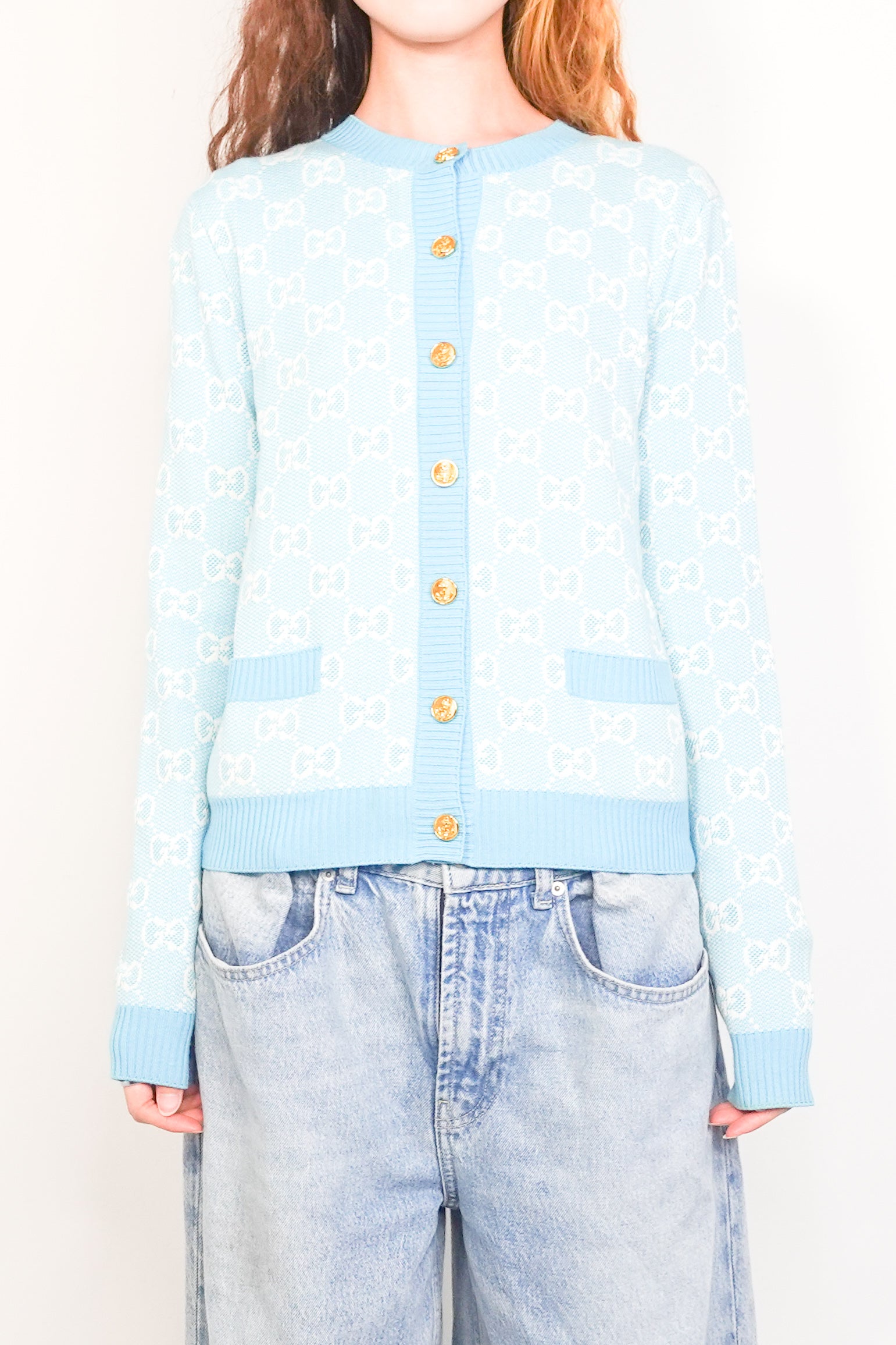 Wool and cotton light blue monogram cardigan RRP £1.2K