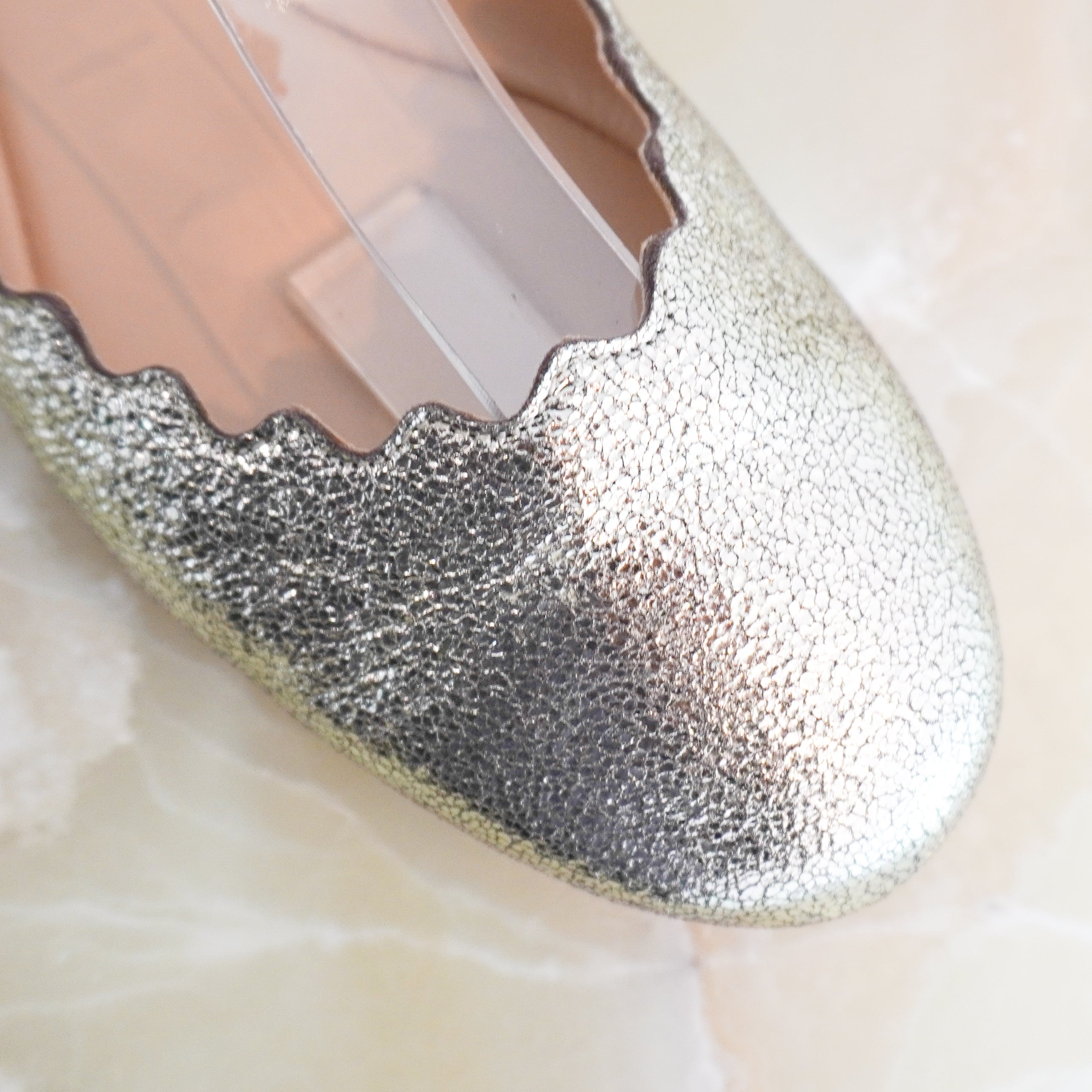 Chloe Lauren Scallop Flats in Silver Metallic Leather (RRP £350) | Authentic Preloved