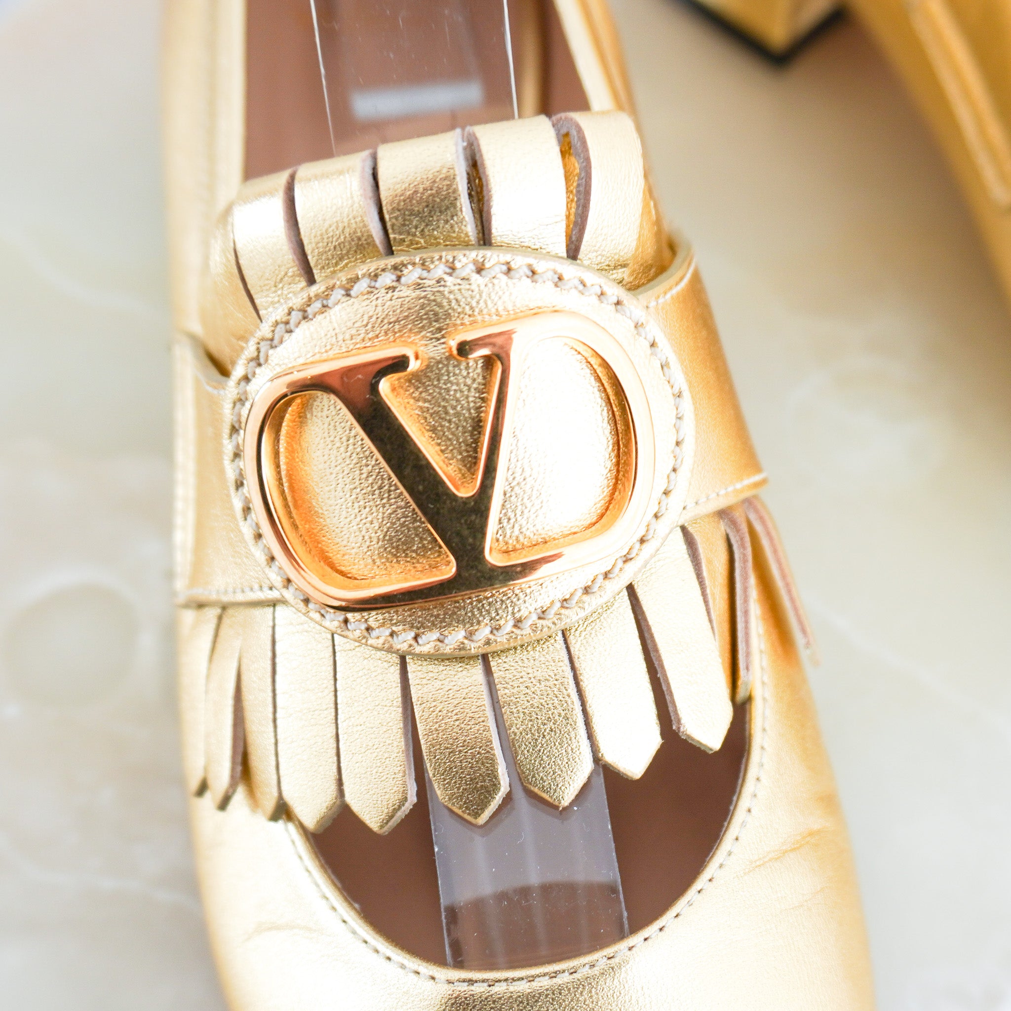 NEW Valentino Vlogo Fringe Loafers in Gold RRP £800 | Authentic Preloved - Reloved Again