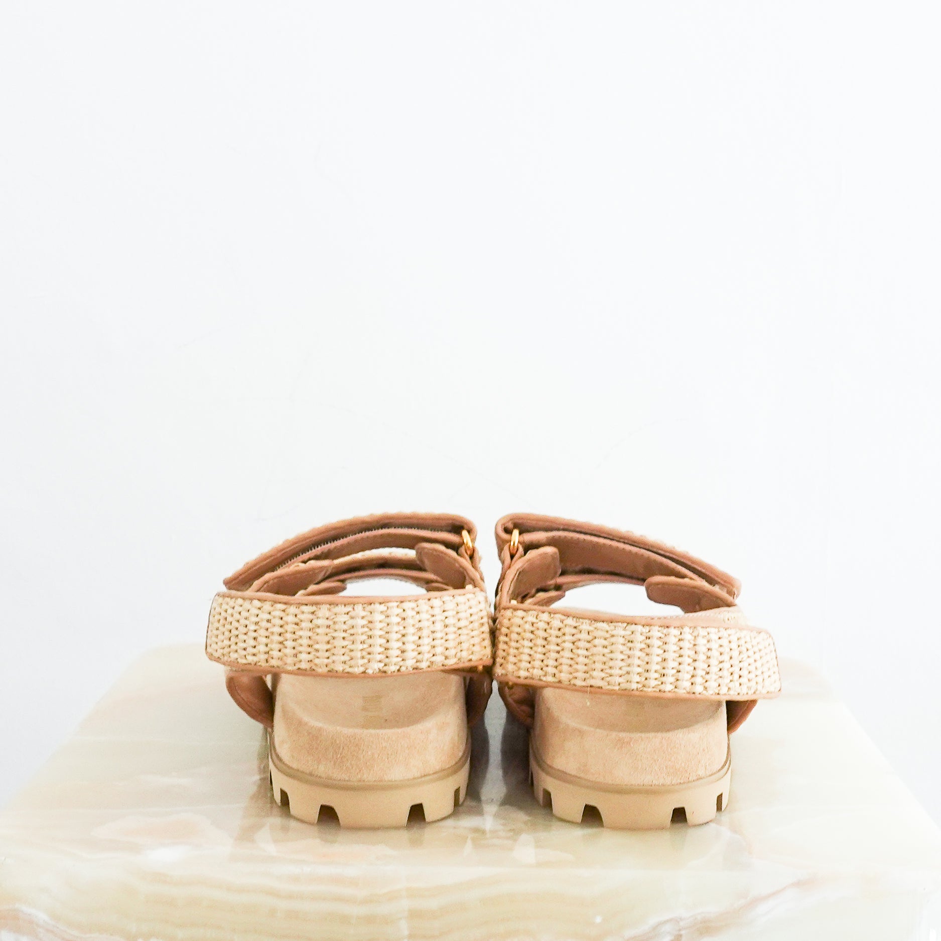 Miu Miu Beige Leather Trimmed Raffia Dad Sandals RRP £820 | Authentic Preloved