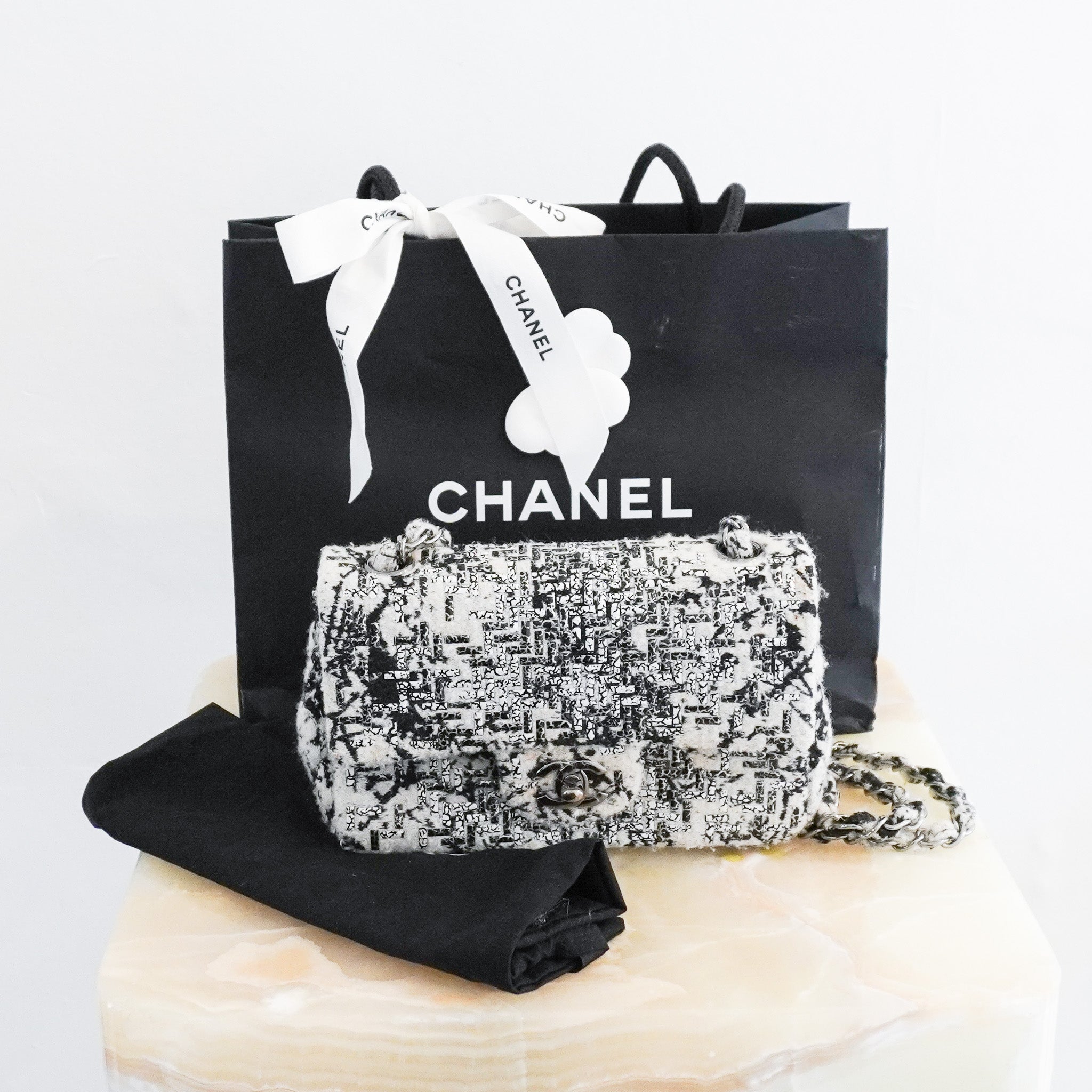 Chanel White & Black Tweed Single Flap Small Box Bag RRP £4800 | Authentic Preloved - Reloved Again