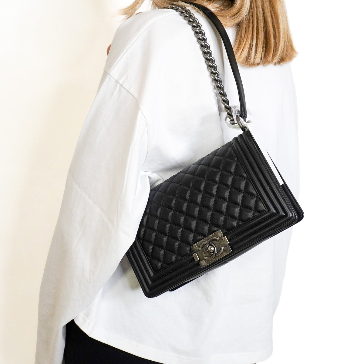 Chanel Medium Boy Bag in Black Quilted Lambskin Leather (RRP £6000) | Authentic Preloved