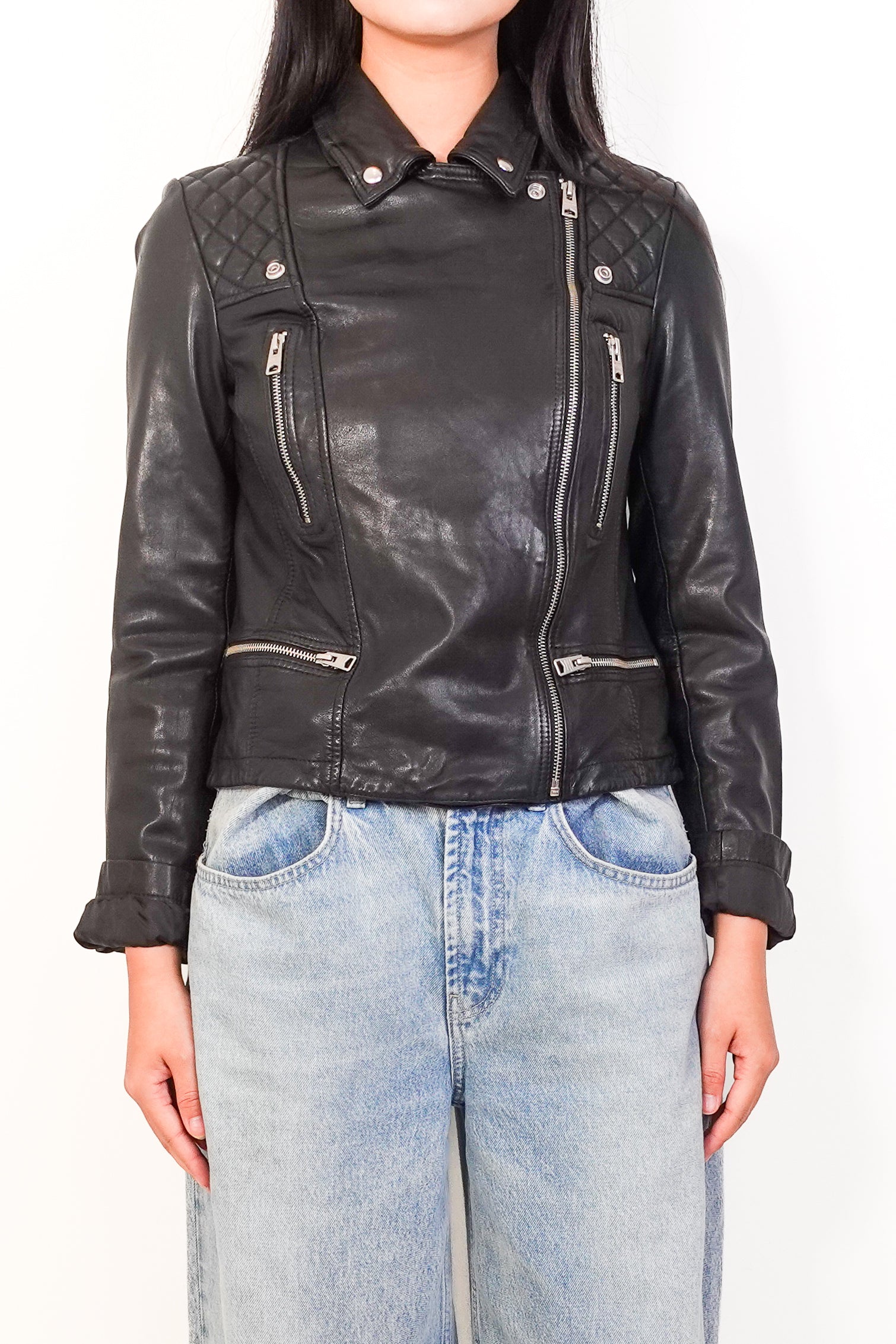 Classic Black Leather Biker Jacket RRP £350