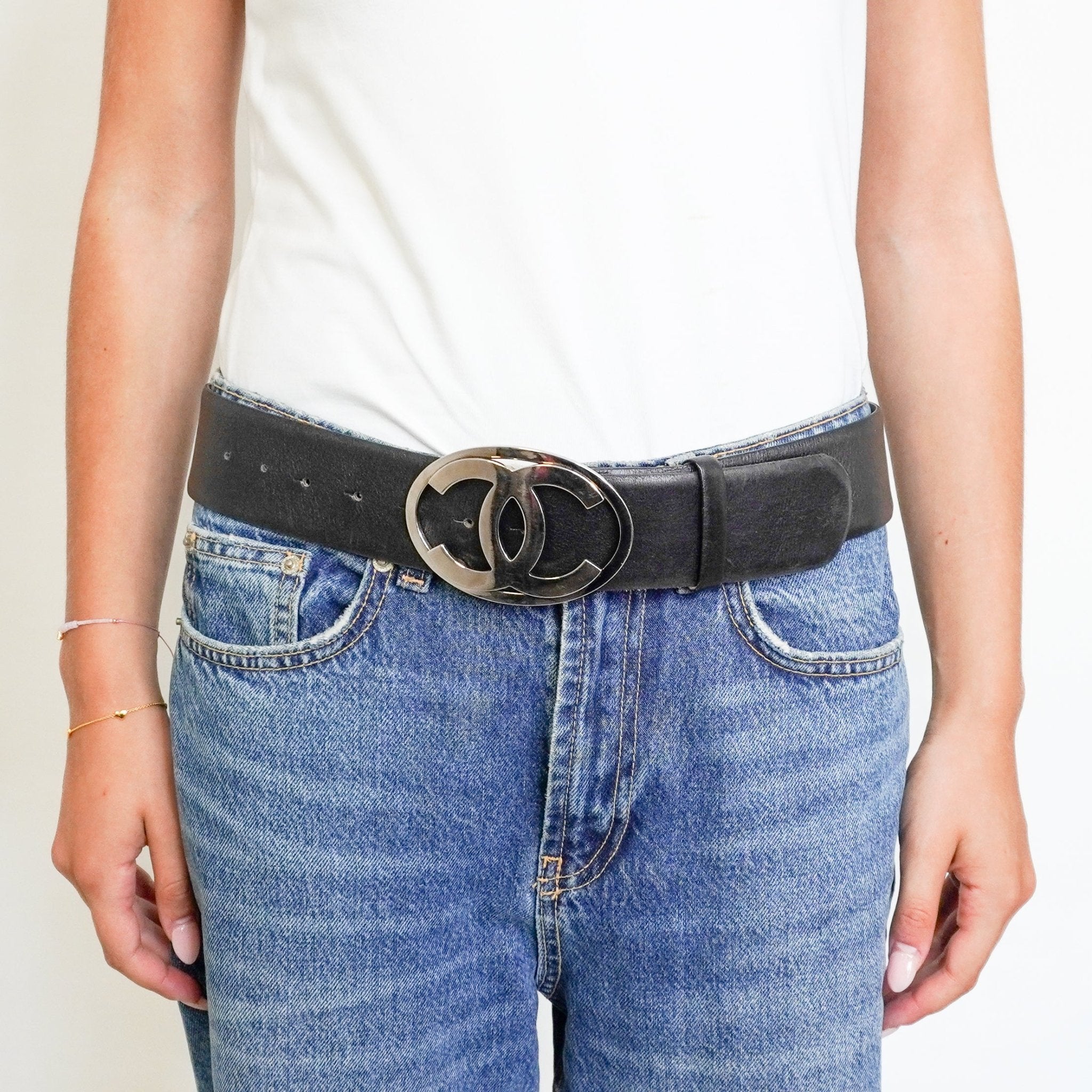 Chanel Silver-Tone CC Buckle Belt in Black Calfskin Leather (RRP £900) | Authentic Preloved FINAL SALE
