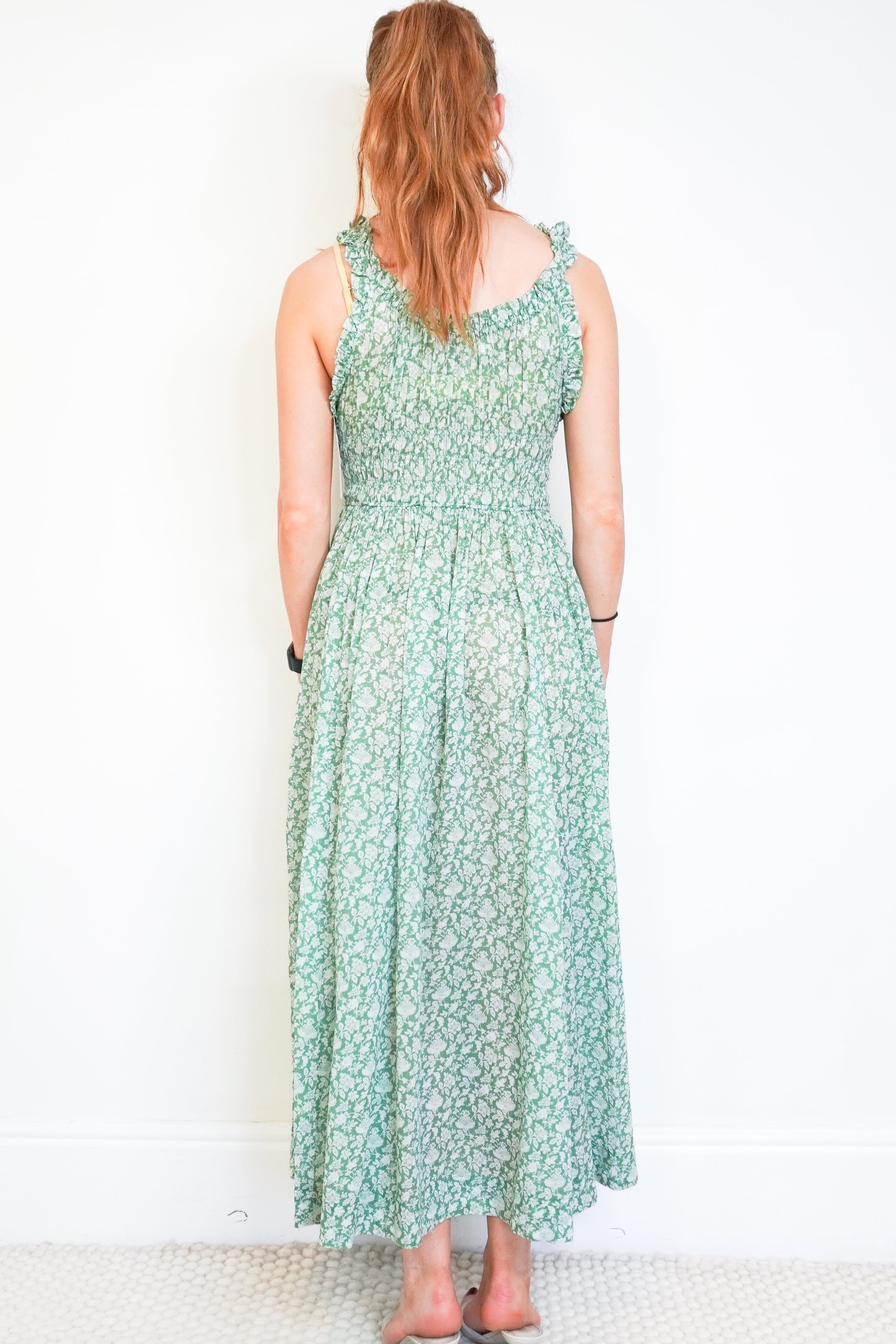 DÔEN Green Emmaretta Peridot Tea Floral Dress back photo chelsea london