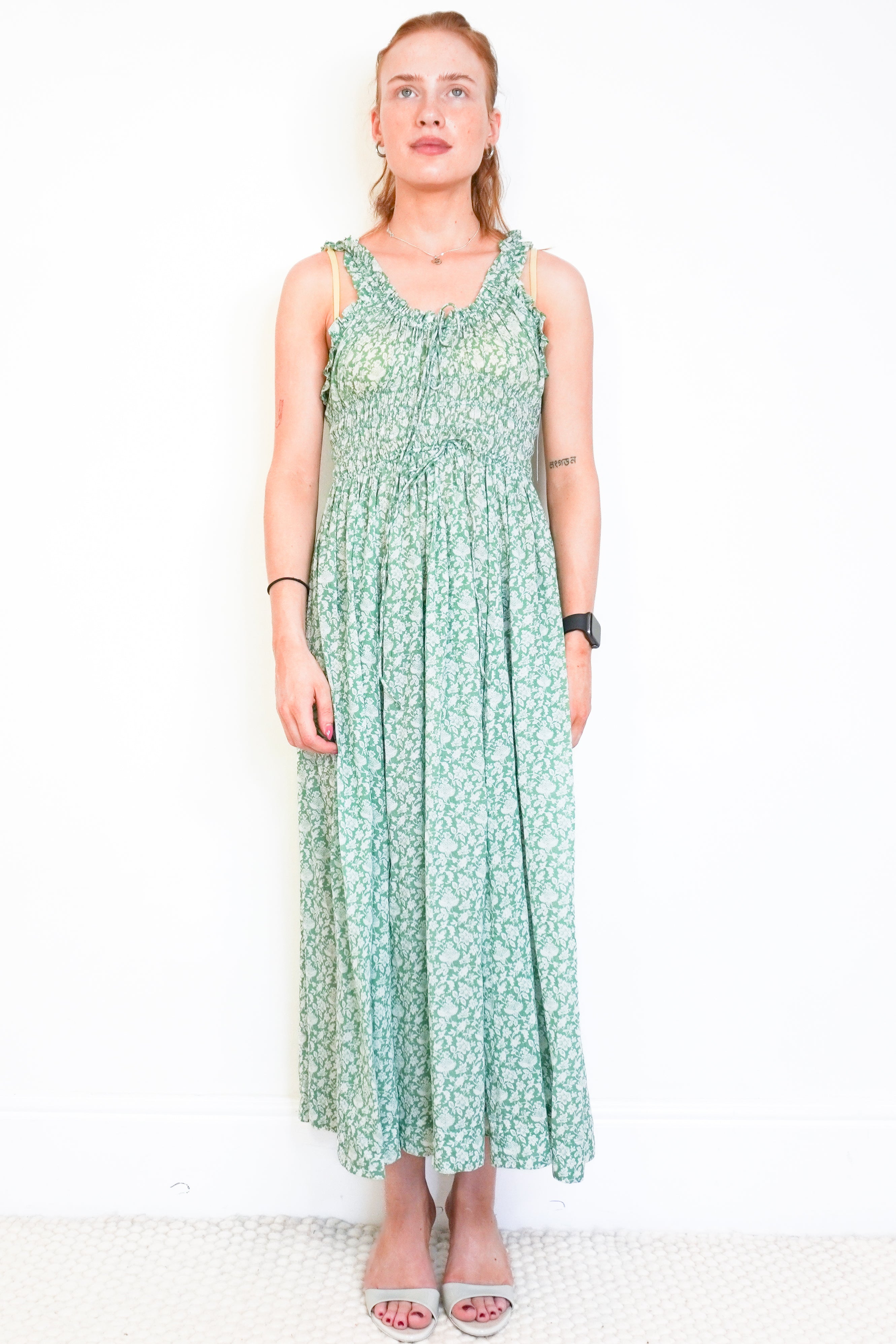 DÔEN Green Emmaretta Peridot Tea Floral Dress front photo chelsea london