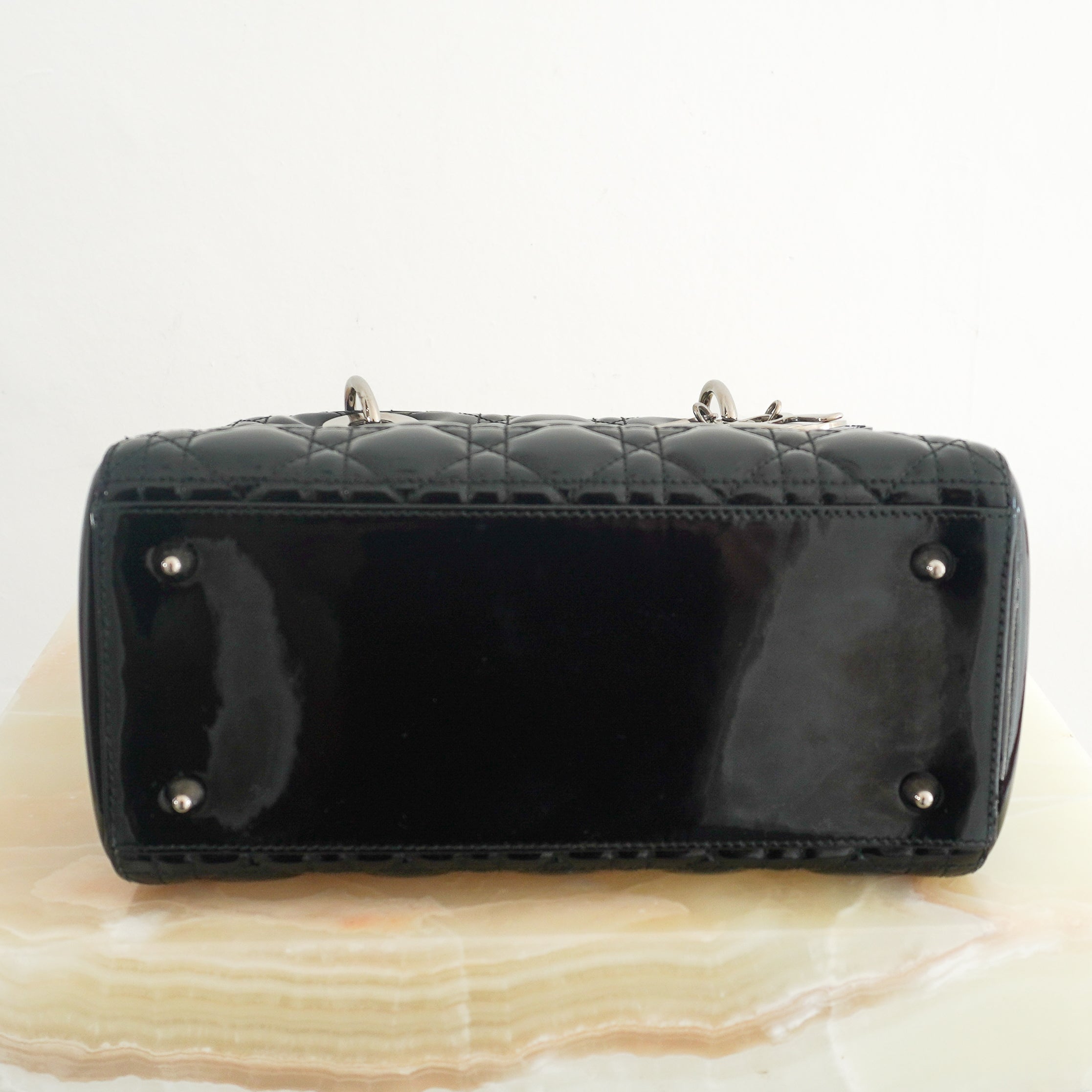 Dior Medium Lady Dior Bag Black Patent Cannage Calfskin bottom photo chelsea london
