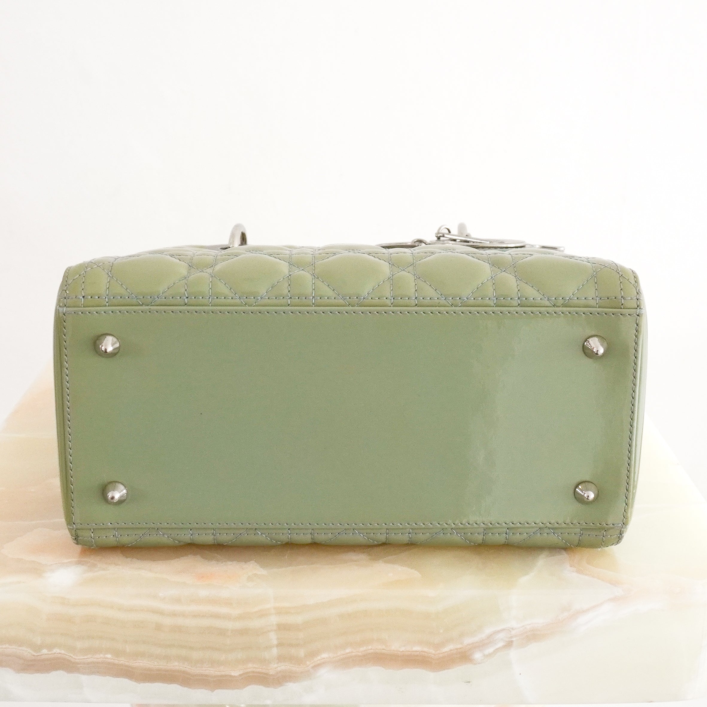 Dior Medium Lady Dior Bag Light Mint Green Patent Cannage Calfskin bottom photo chelsea london
