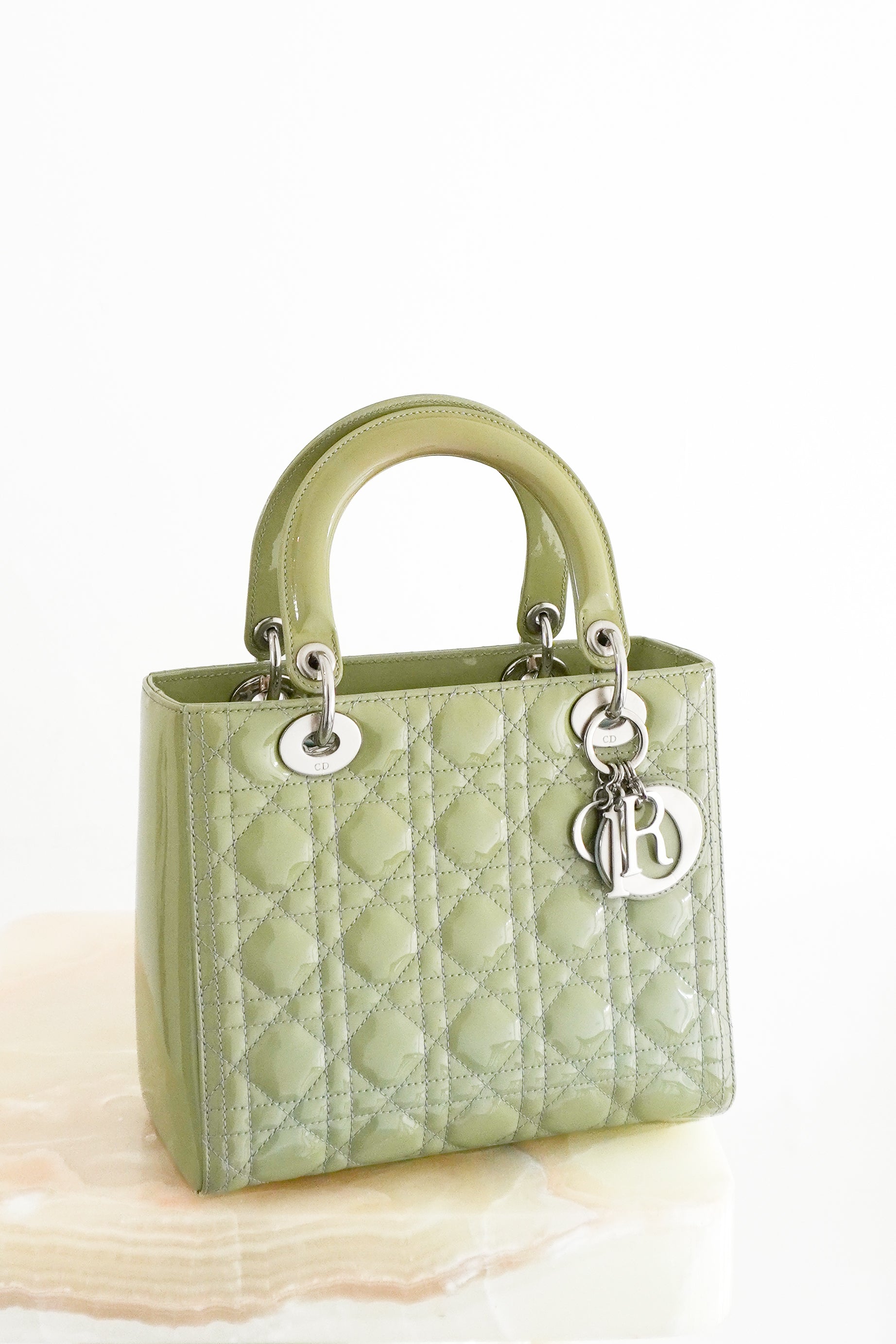 Dior Medium Lady Dior Bag Light Mint Green Patent Cannage Calfskin front photo chelsea london