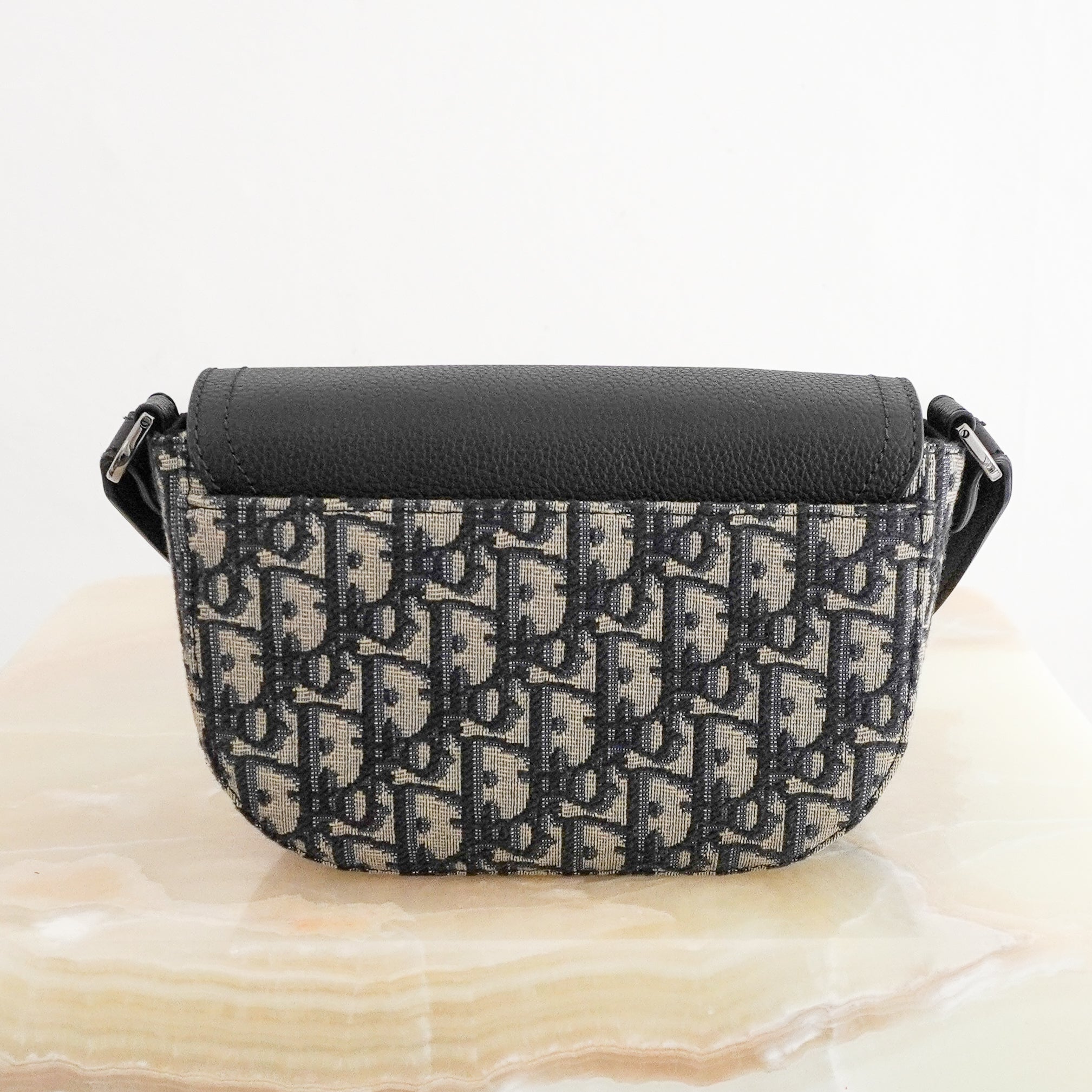 Dior Mini Saddle Messenger Bag with Flap in Beige and Black Dior Oblique Jacquard back photo chelsea london