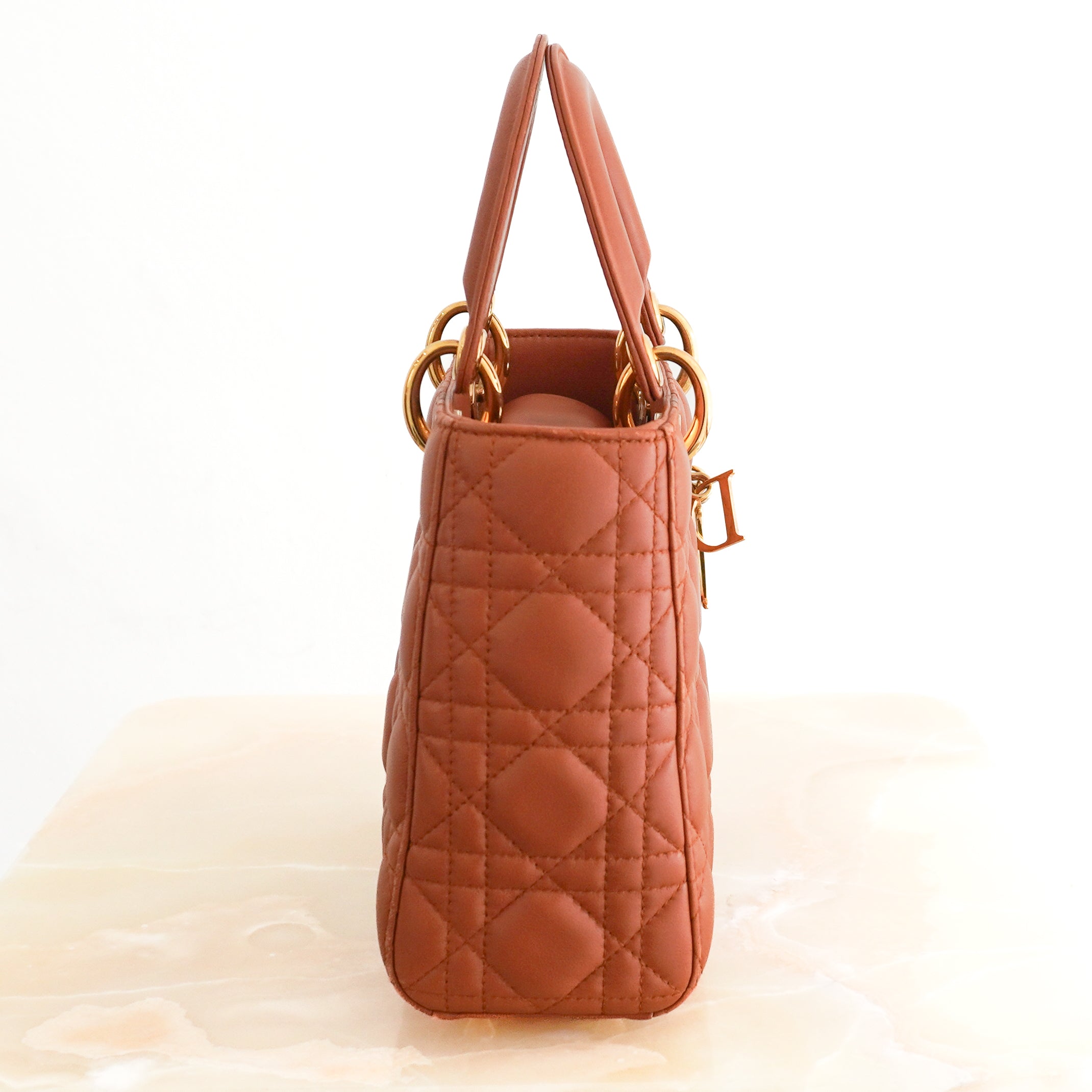 Dior Small Lady Dior Bag Tobacco Brown Cannage Lambskin side photo chelsea london