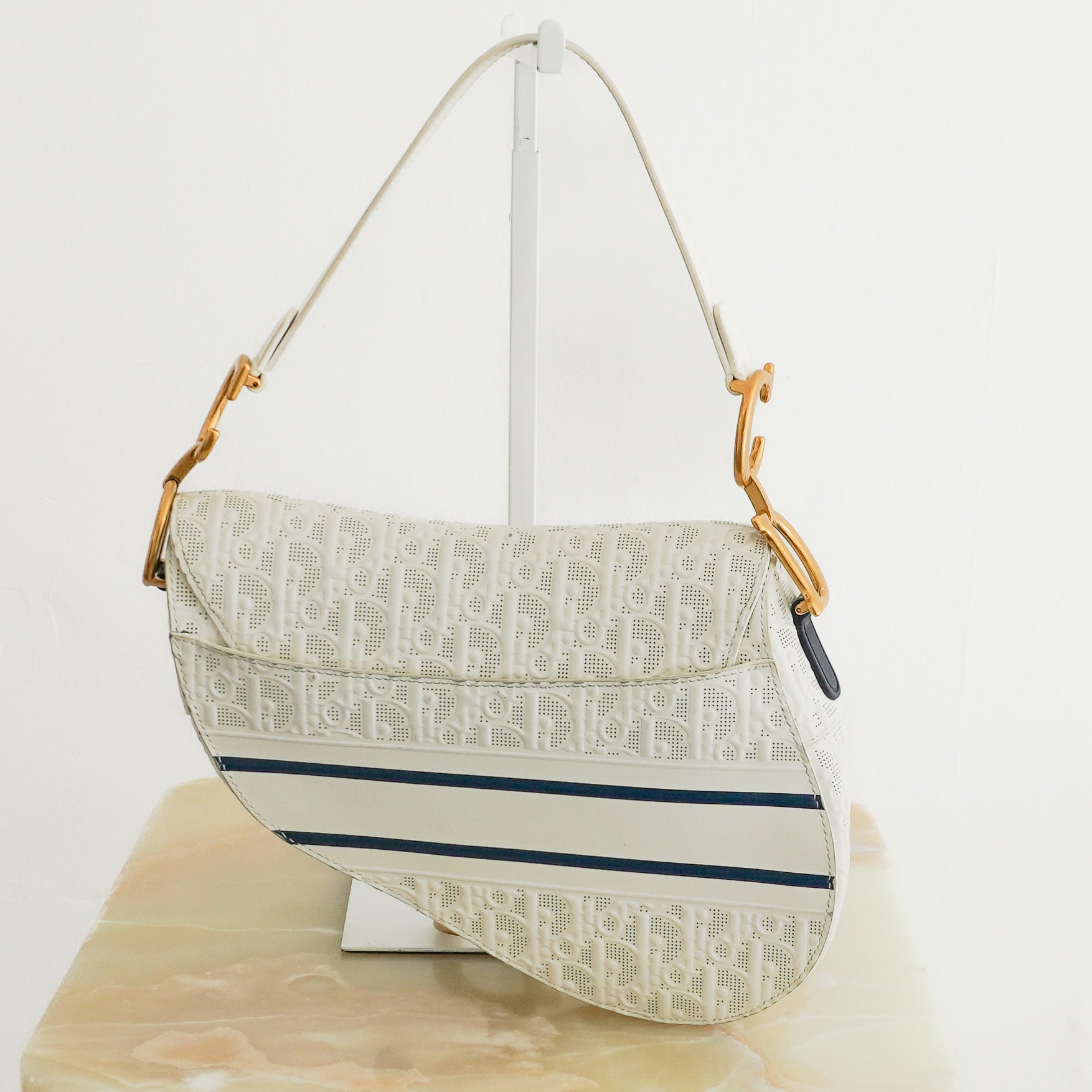 Dior White Perforated Oblique Saddle Bag with Strap back photo chelsea london