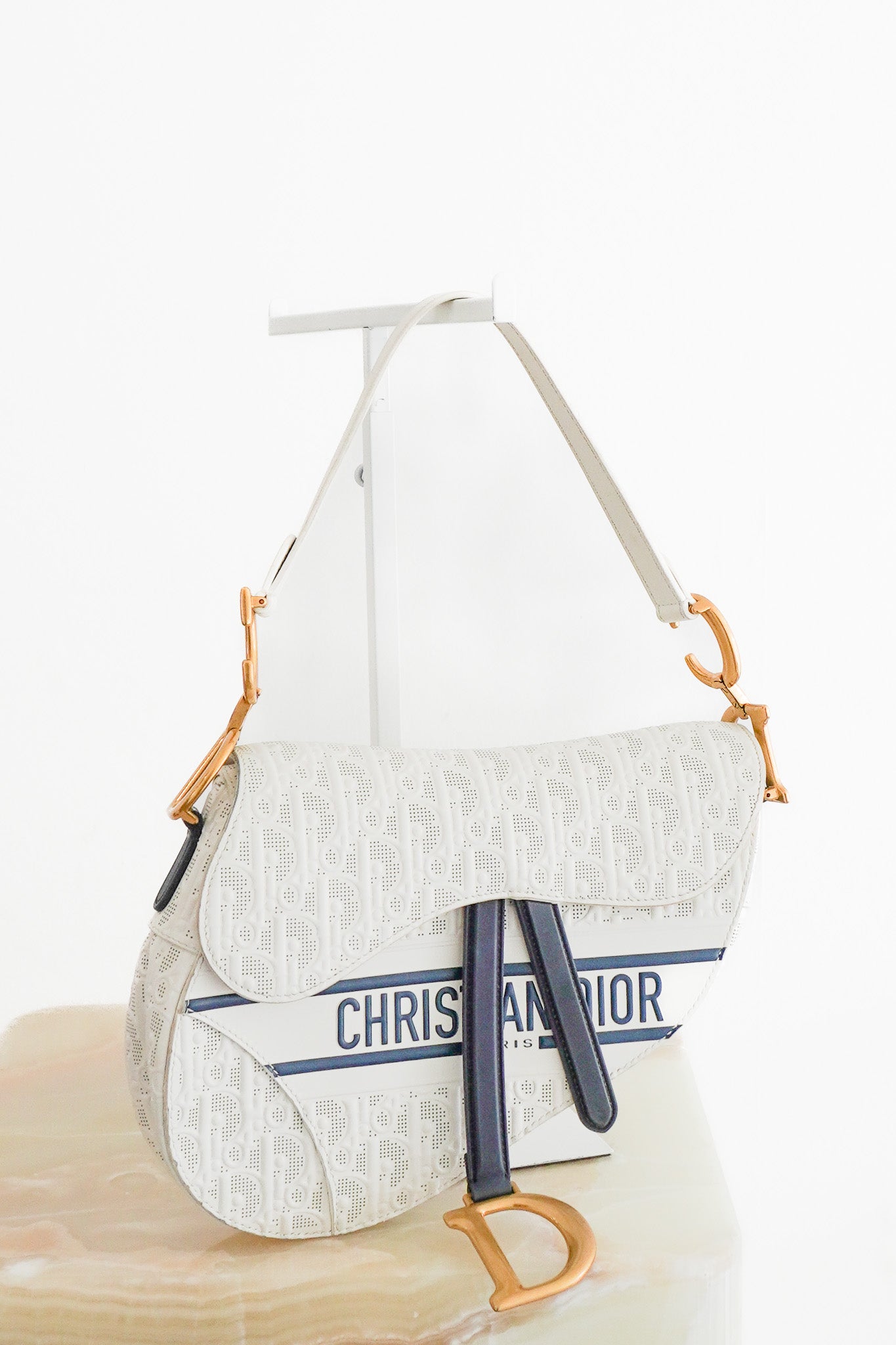 Dior White Perforated Oblique Saddle Bag with Strap (RRP £3500) | Auth