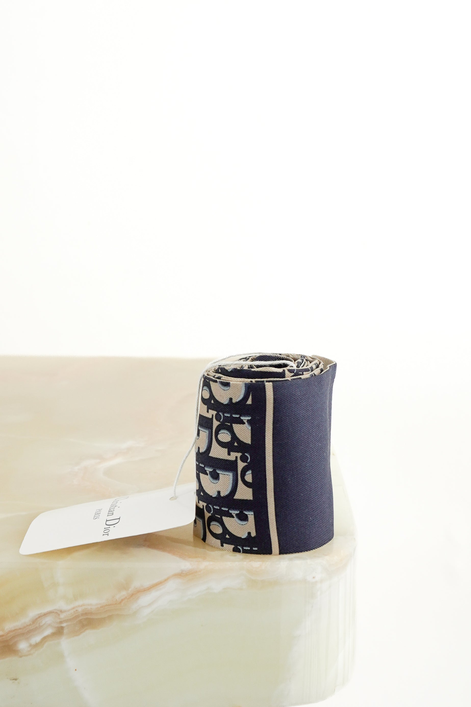 Dior Étoile Navy Blue & Beige Silk Mitzah Scarf front photo chelsea london