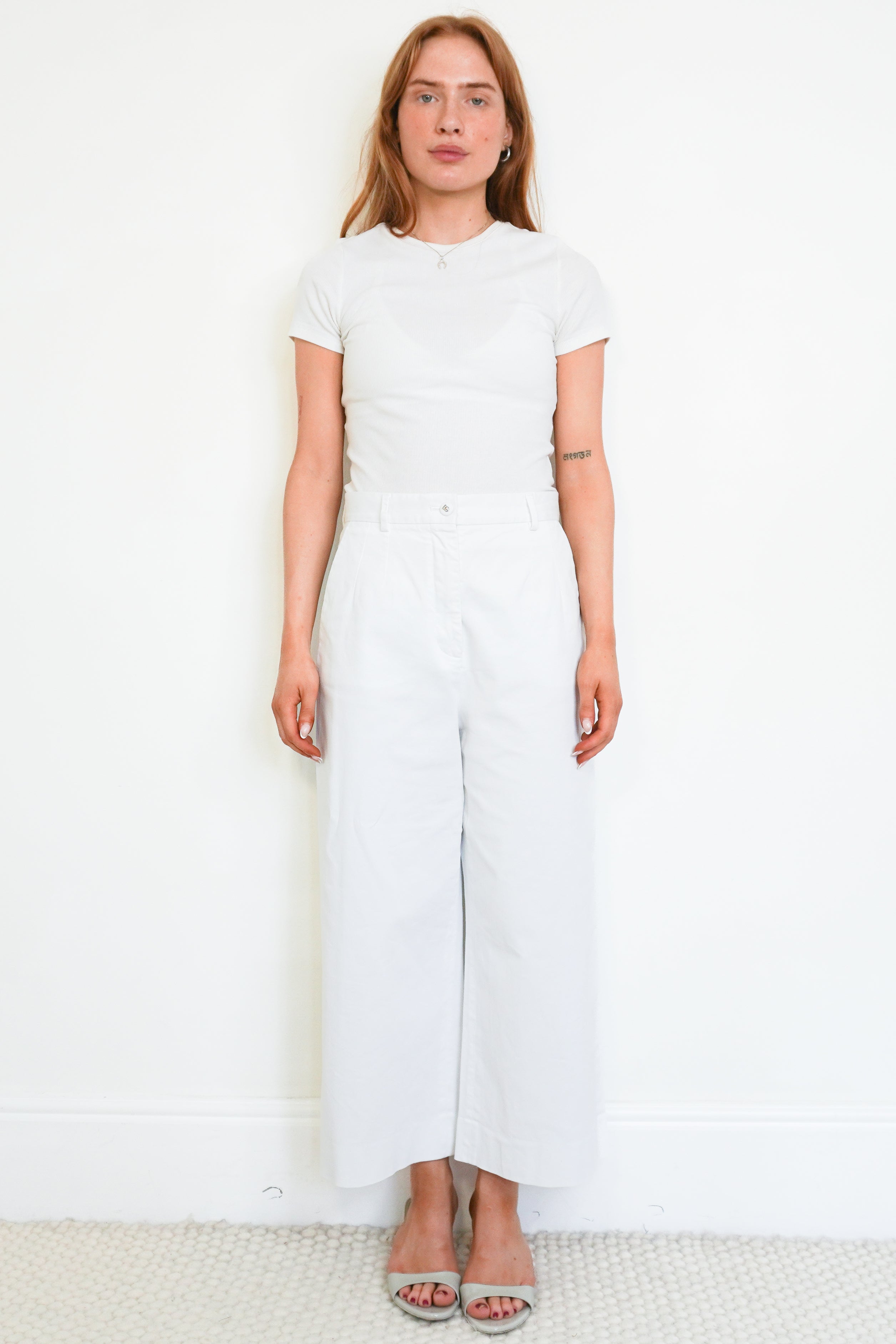 Dolce &amp; Gabbana White Cotton Wide Leg Trousers front photo chelsea london