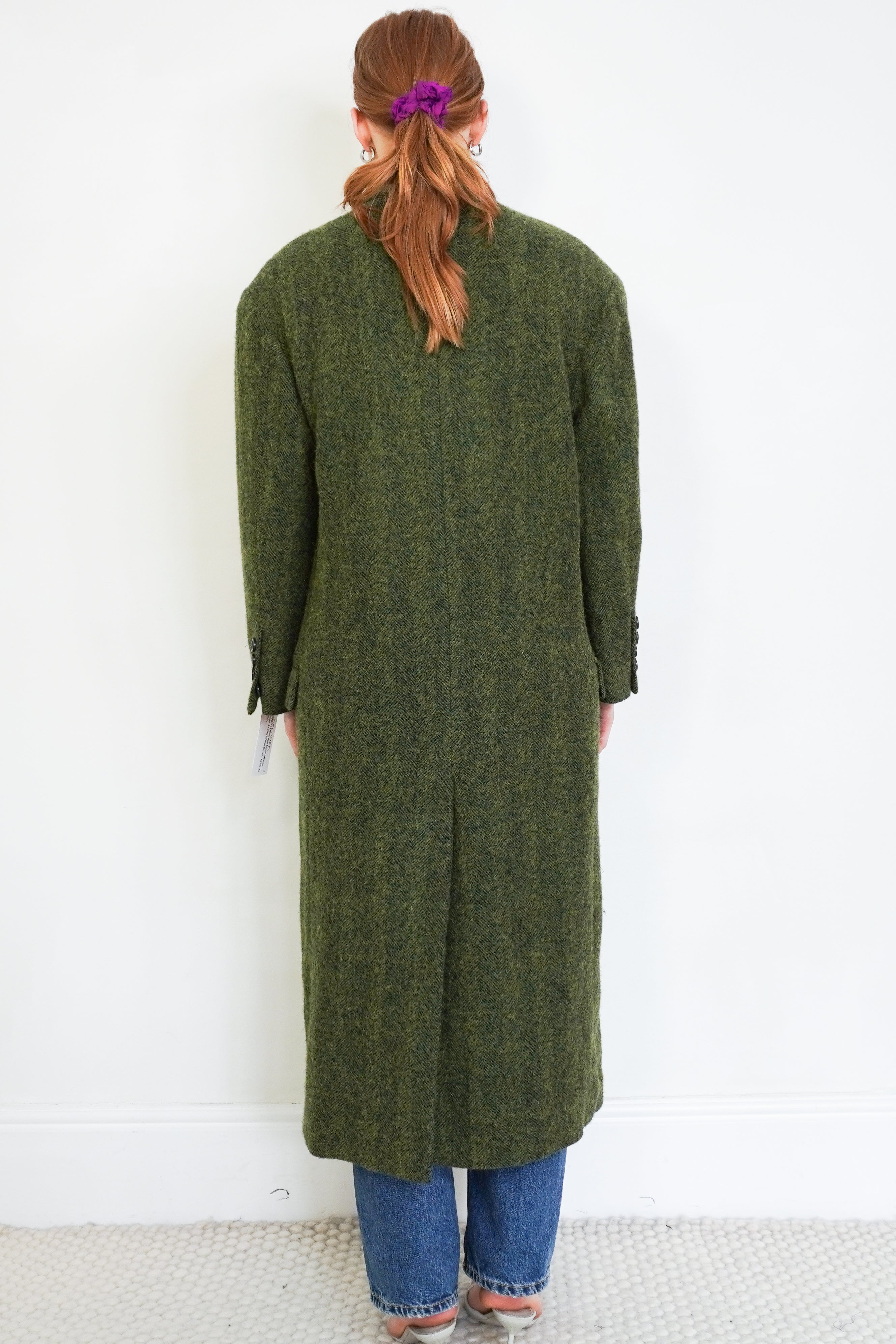 Dries Van Noten Green Herringbone Double-Breasted Wool &amp; Mohair Coat back photo chelsea london