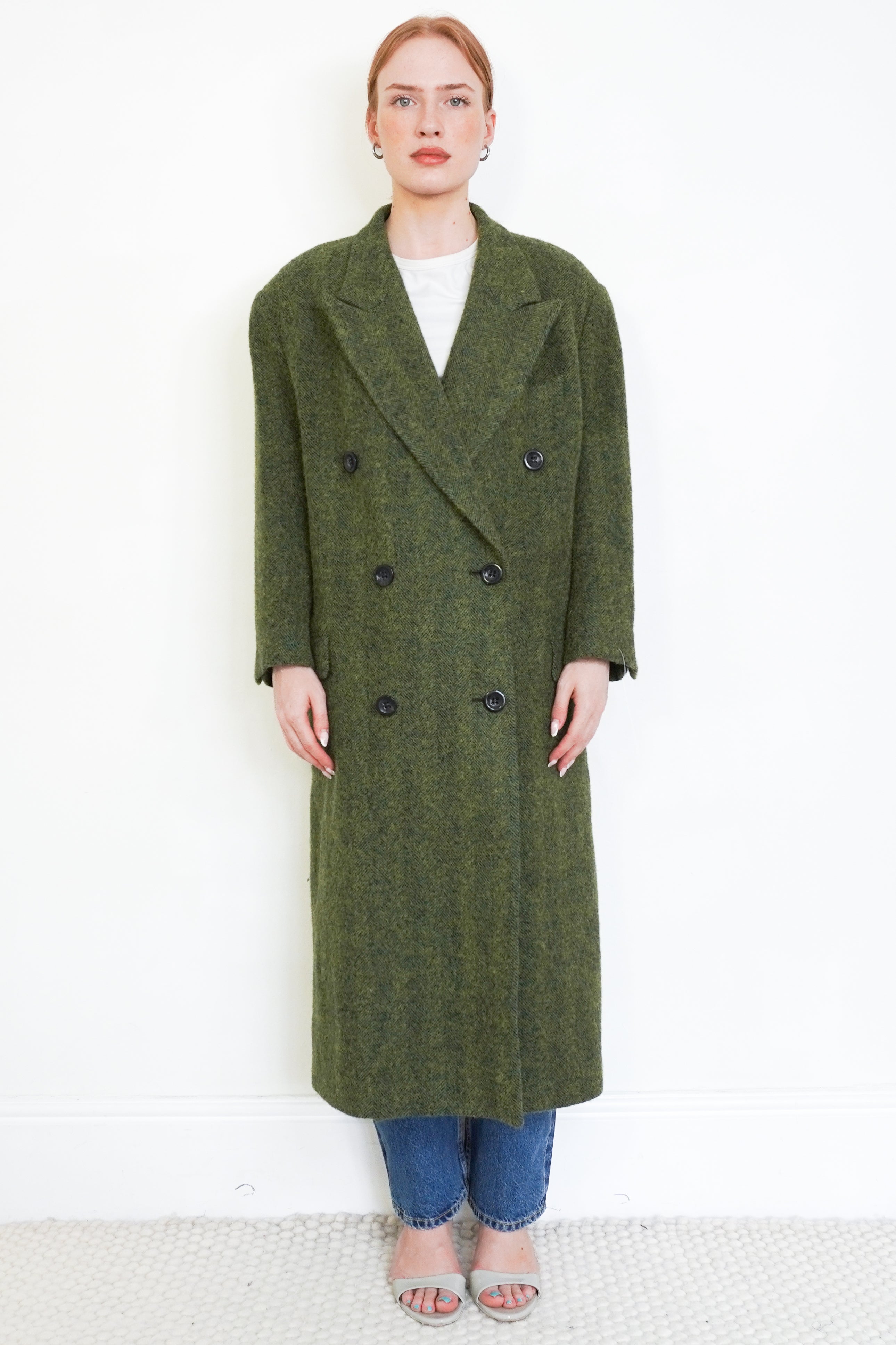 Dries Van Noten Green Herringbone Double-Breasted Wool &amp; Mohair Coat front photo chelsea london