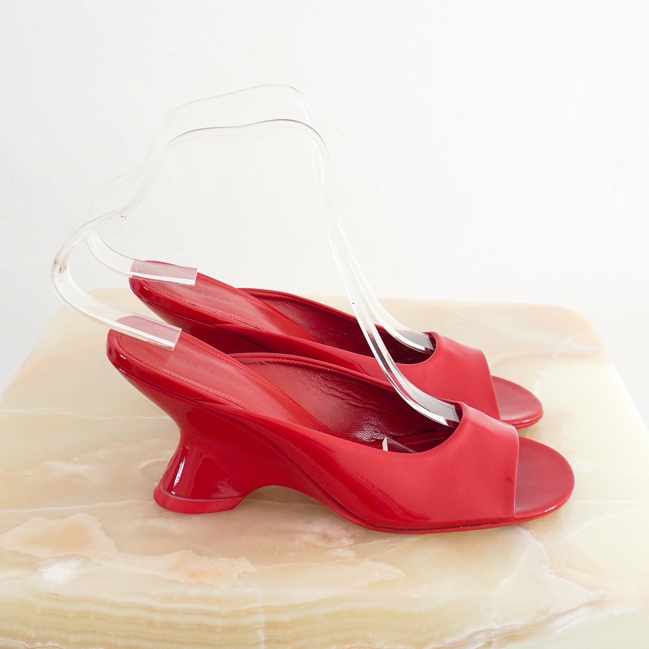 Dries Van Noten Red Patent Leather Wedge Mules side photo chelsea london