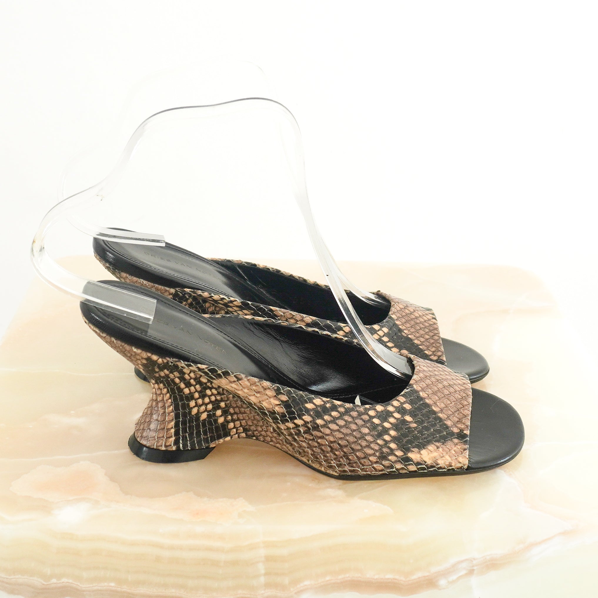 Dries Van Noten Snakeskin Wedge-Heel Mules side photo chelsea london