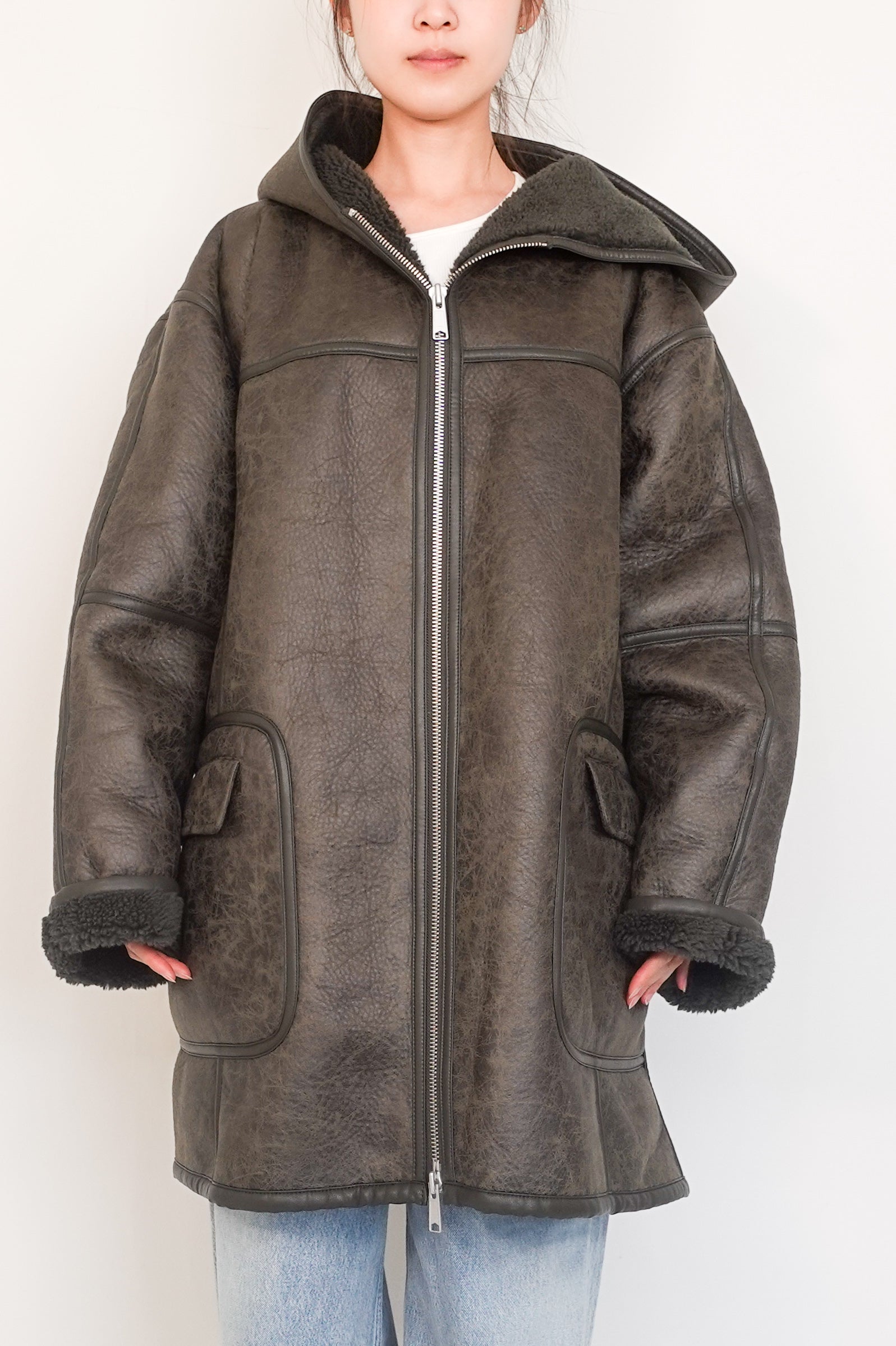 Vegan leather aviator style hooded coat RRP £550