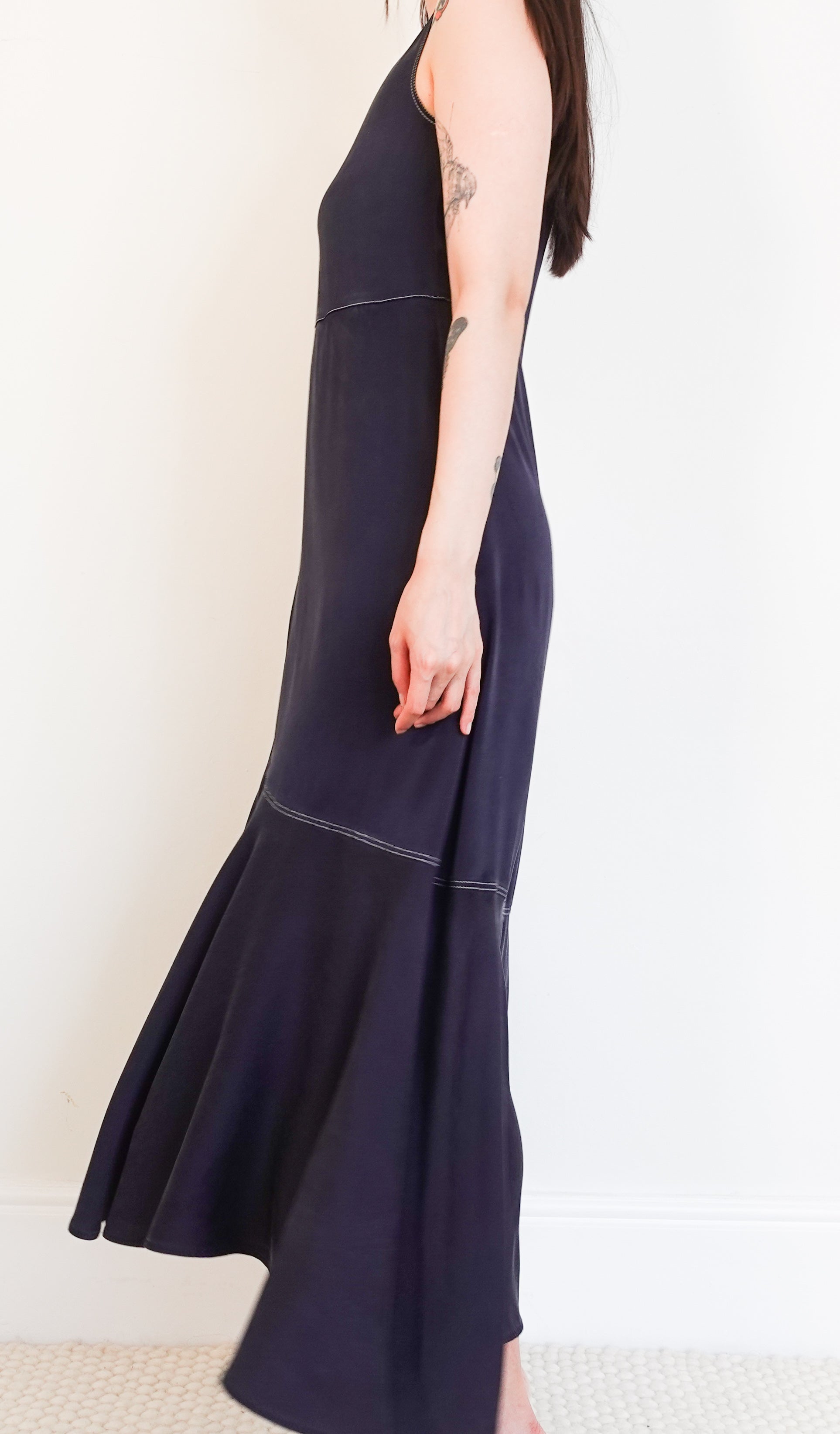 Navy silk sleeveless maxi dress