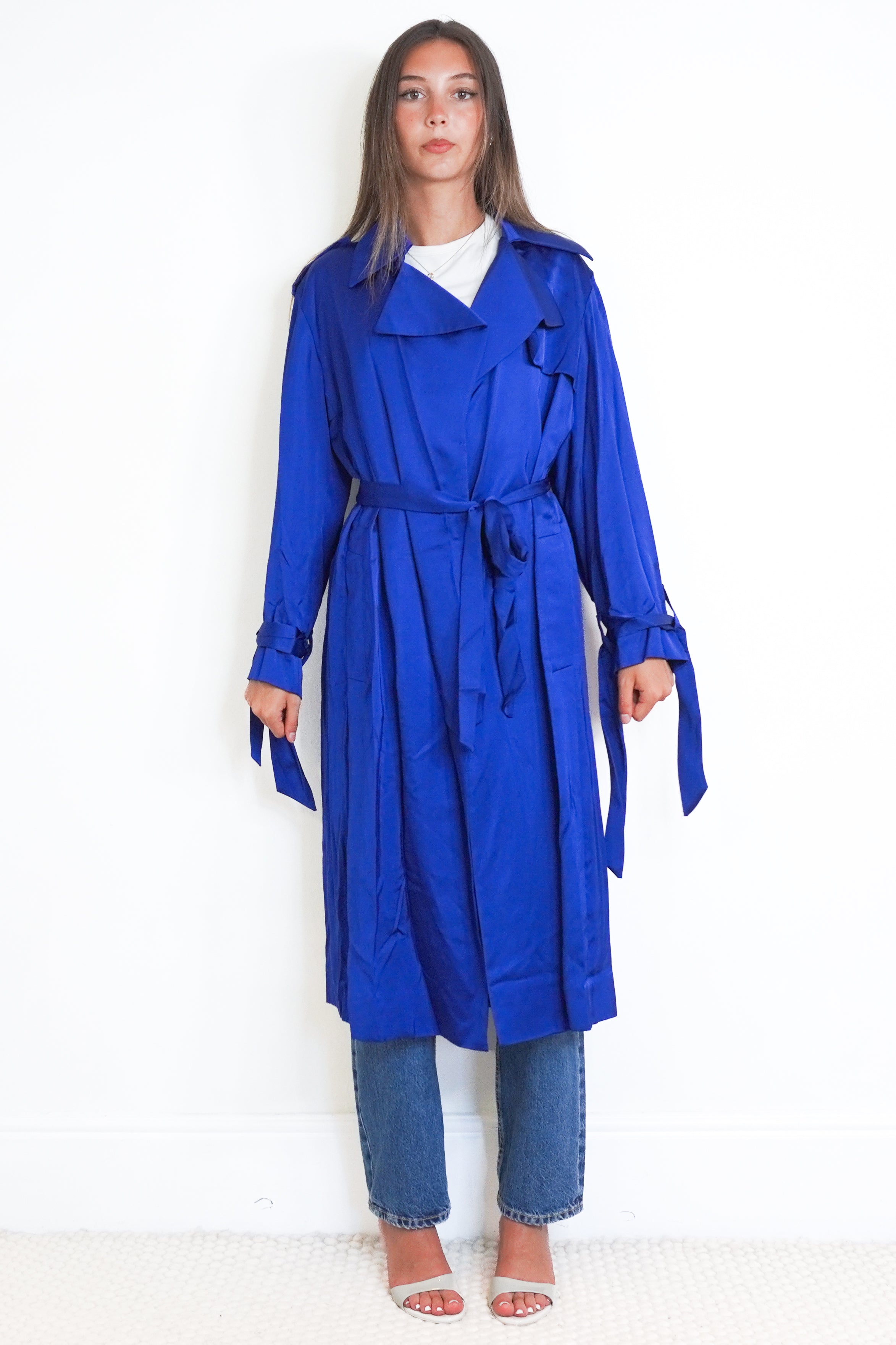 Emilio Pucci Cobalt Blue Fluid Satin Trench Coat front photo chelsea london