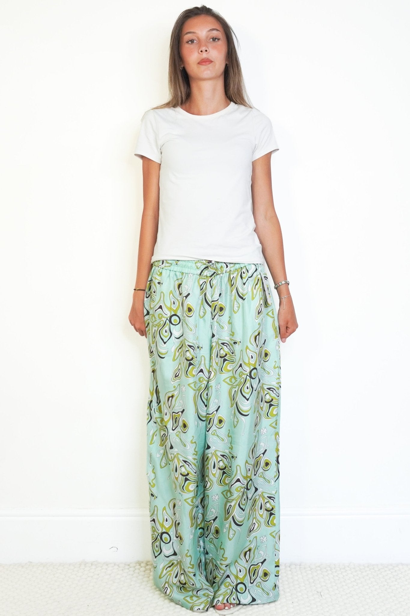 Emilio Pucci Printed Silk Wide-Leg Trousers in Aqua (RRP £800) | Authentic Preloved - Reloved Again