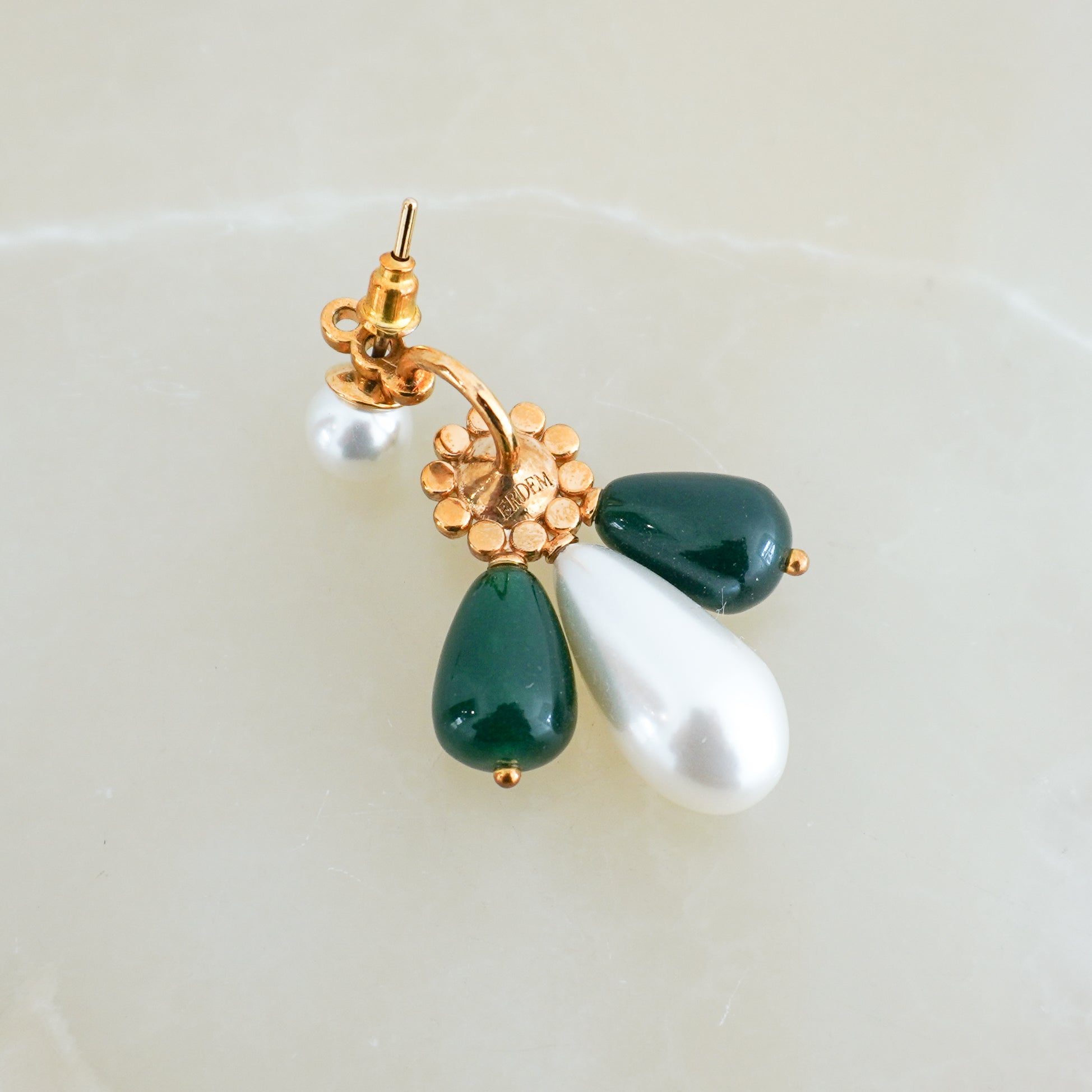 Erdem Green Crystal &amp; Faux Pearl Drop Earrings back photo chelsea london
