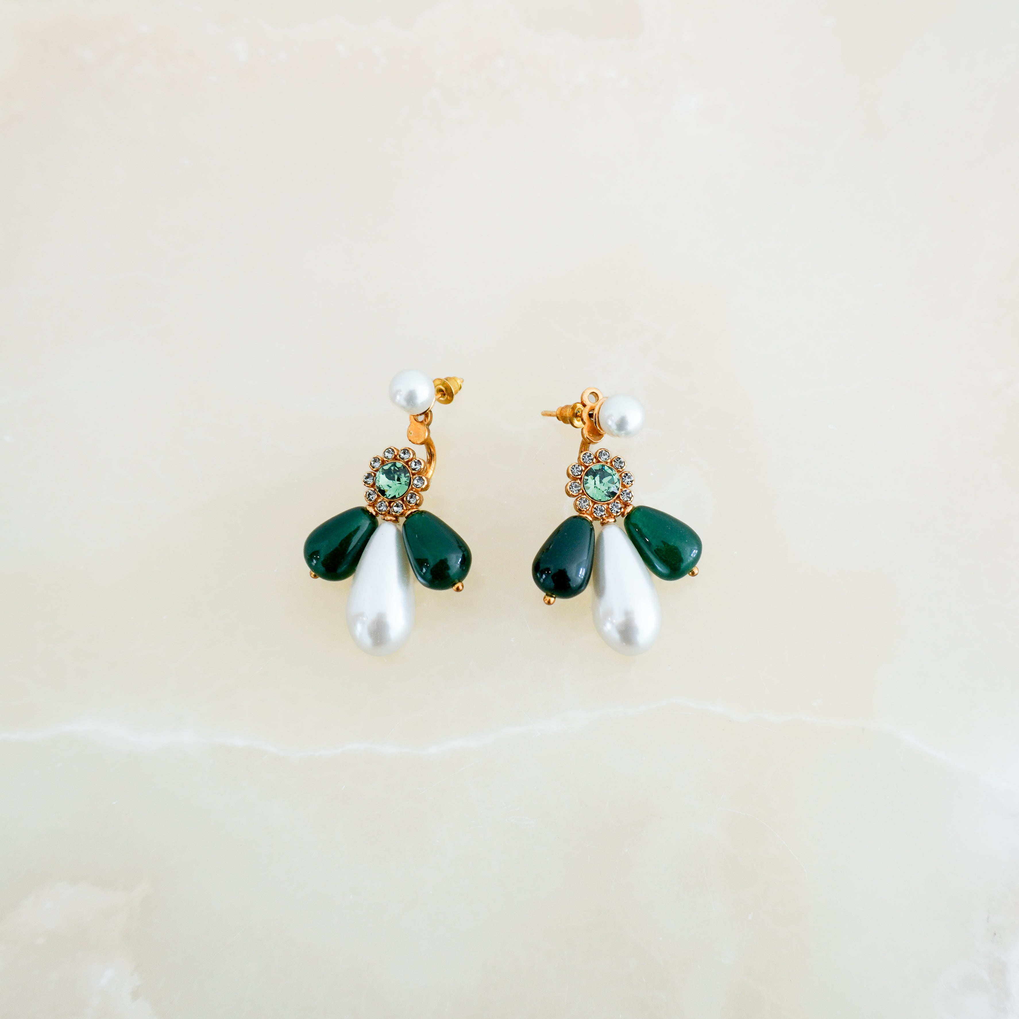 Erdem Green Crystal &amp; Faux Pearl Drop Earrings close photo chelsea london