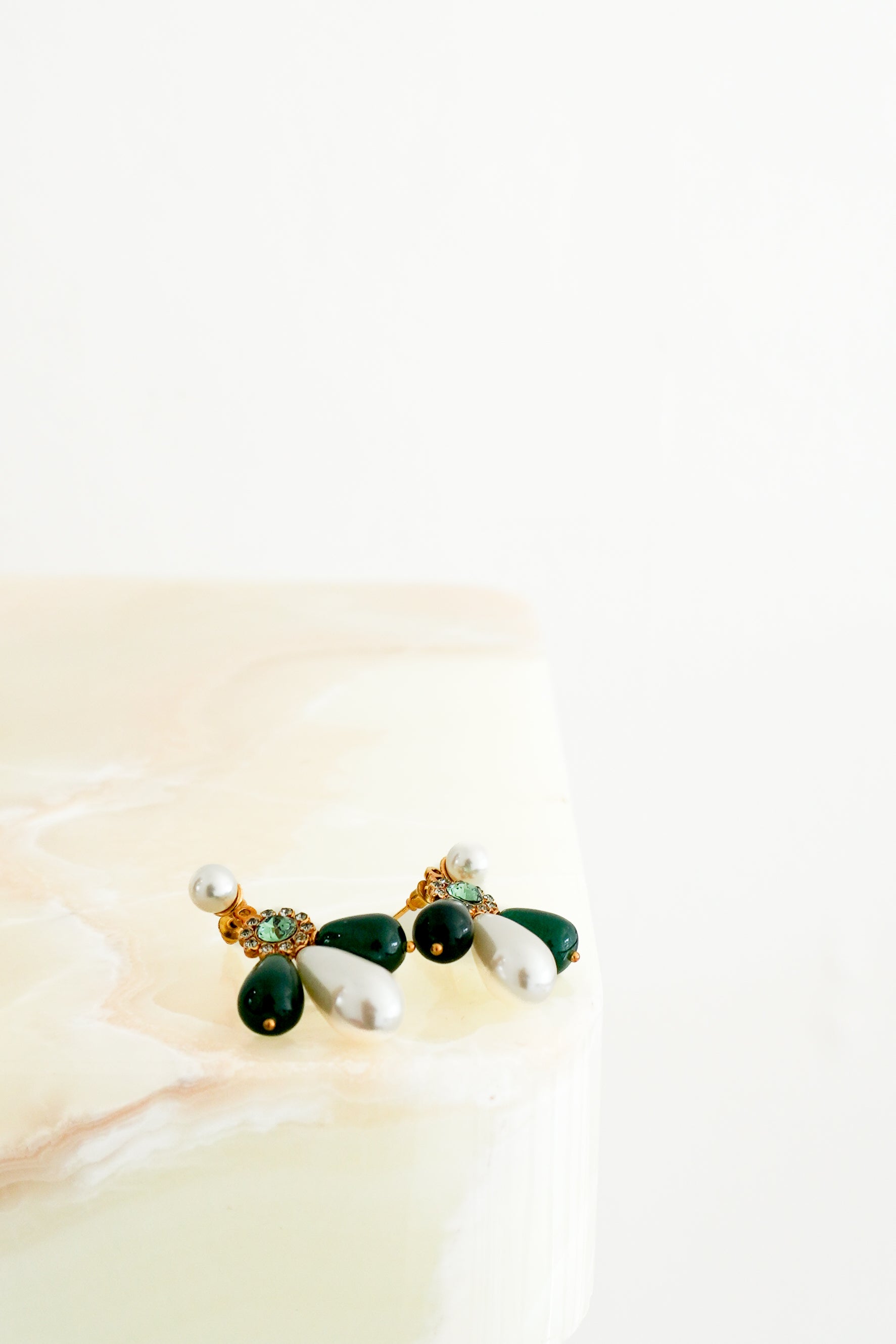 Erdem Green Crystal &amp; Faux Pearl Drop Earrings front photo chelsea london