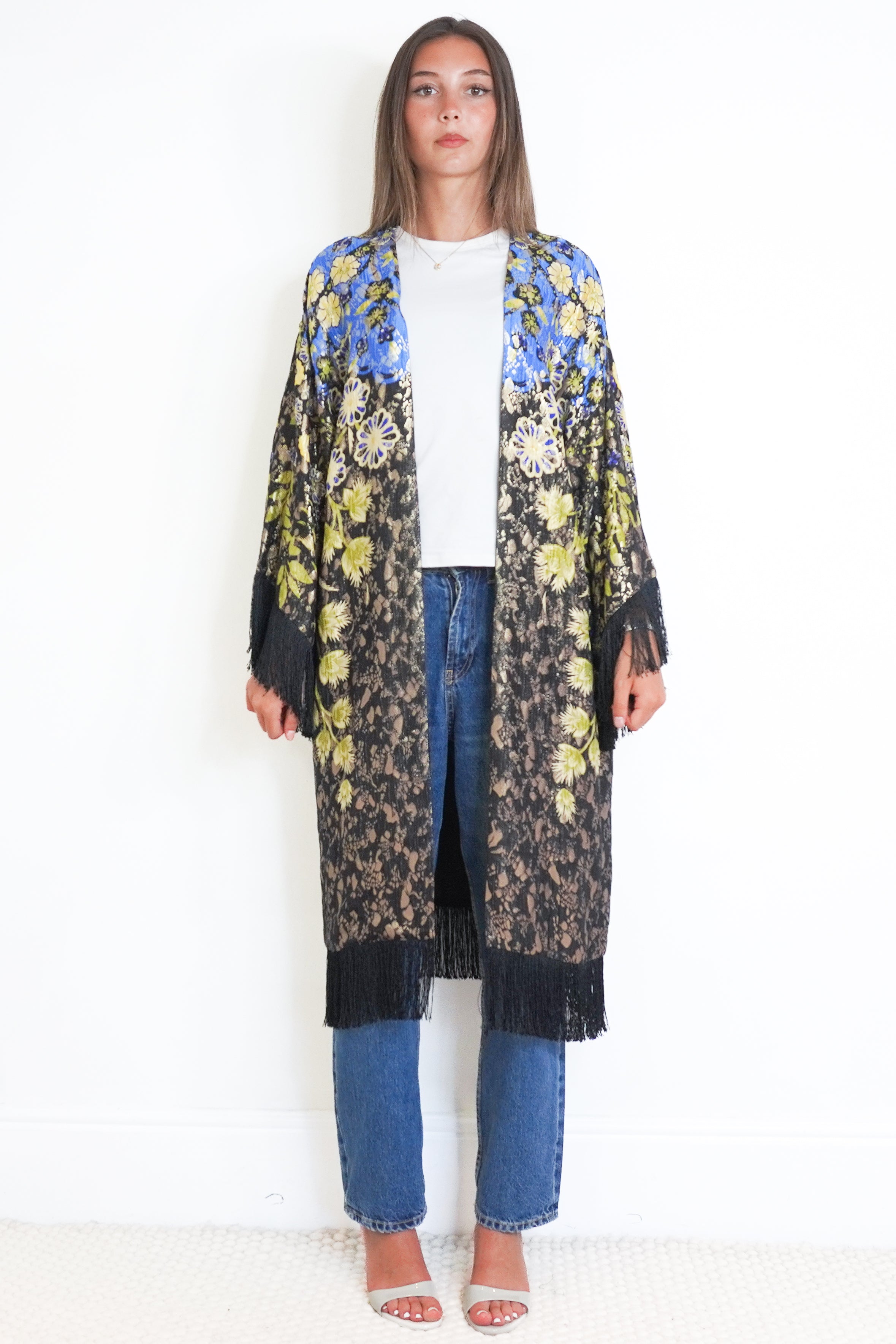 Etro Metallic Silk Blend Floral Fringe Kimono Jacket front photo chelsea london