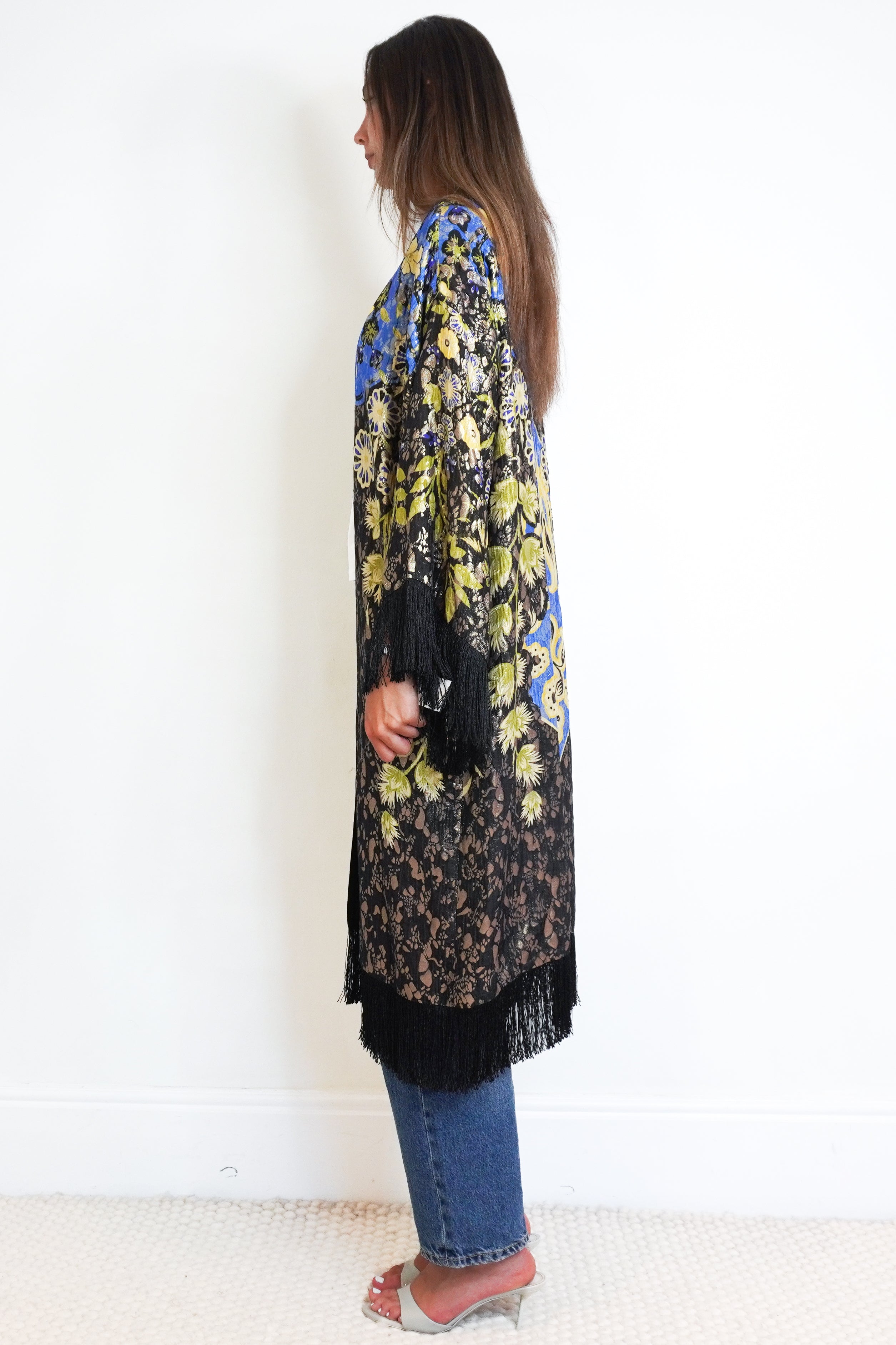 Etro Metallic Silk Blend Floral Fringe Kimono Jacket side photo chelsea london