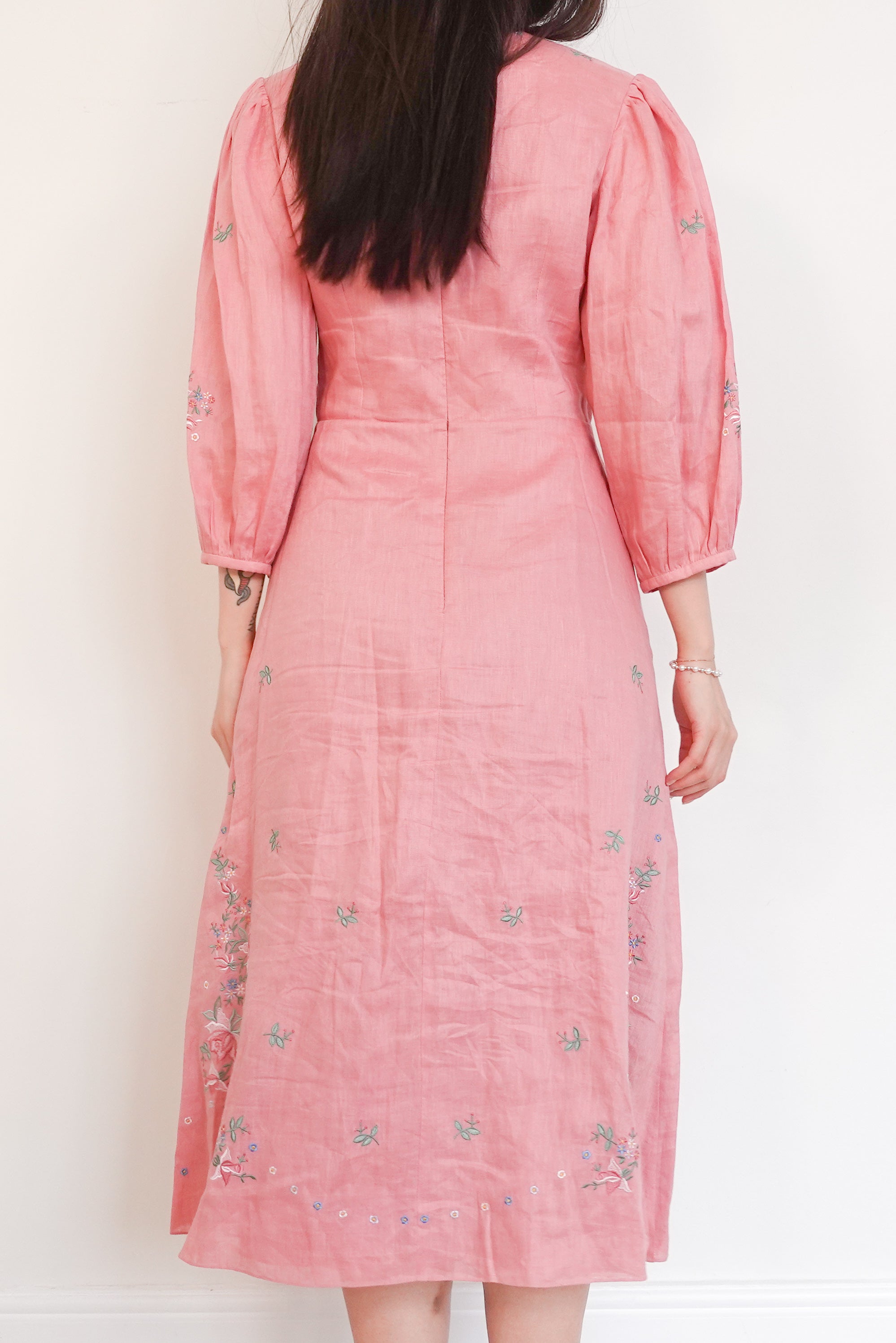 Pink midi embroidery linen dress RRP £450