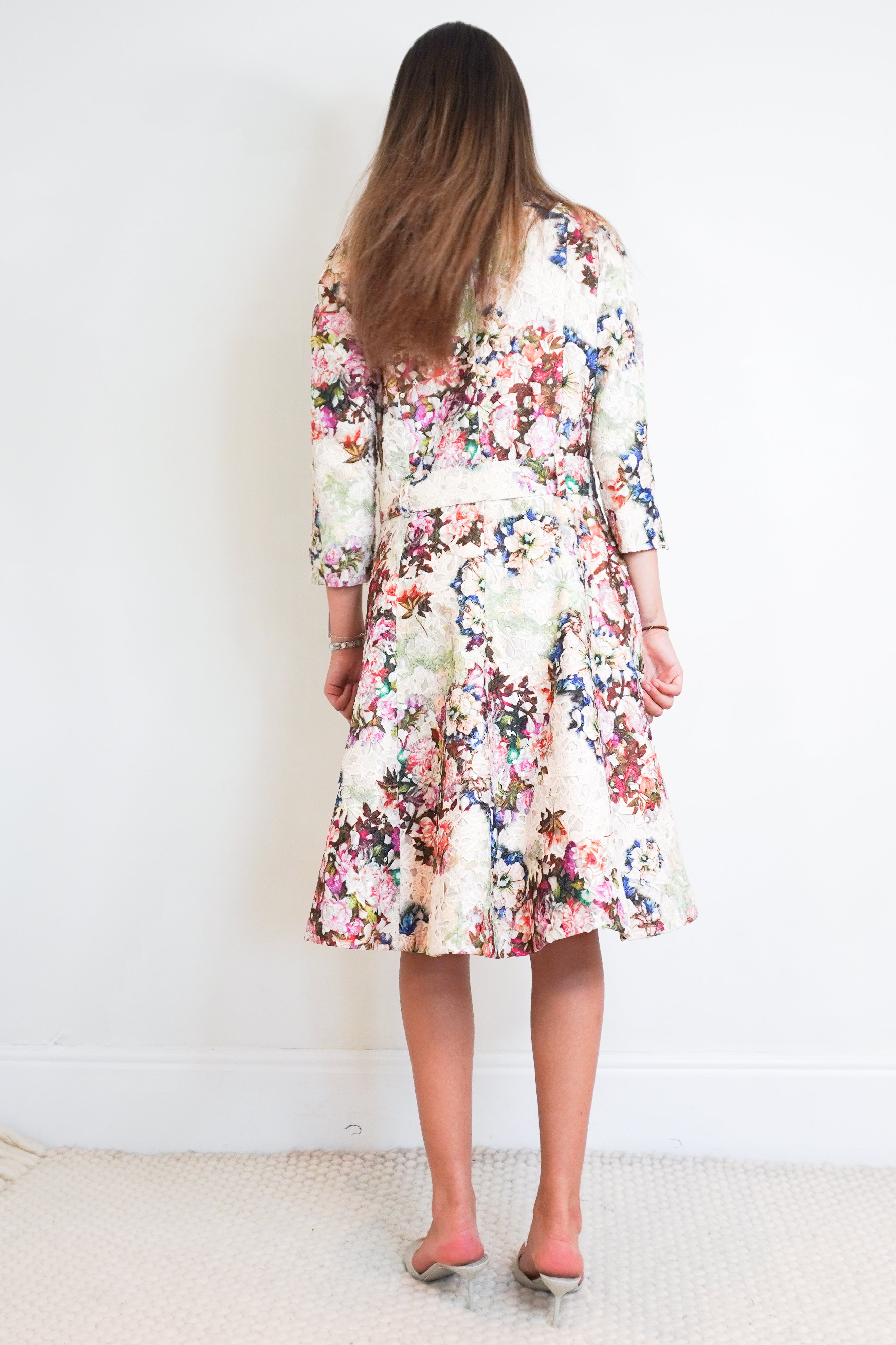 Favourbrook Floral Silk Evening Dress – Ivory / Multicolour back photo chelsea london