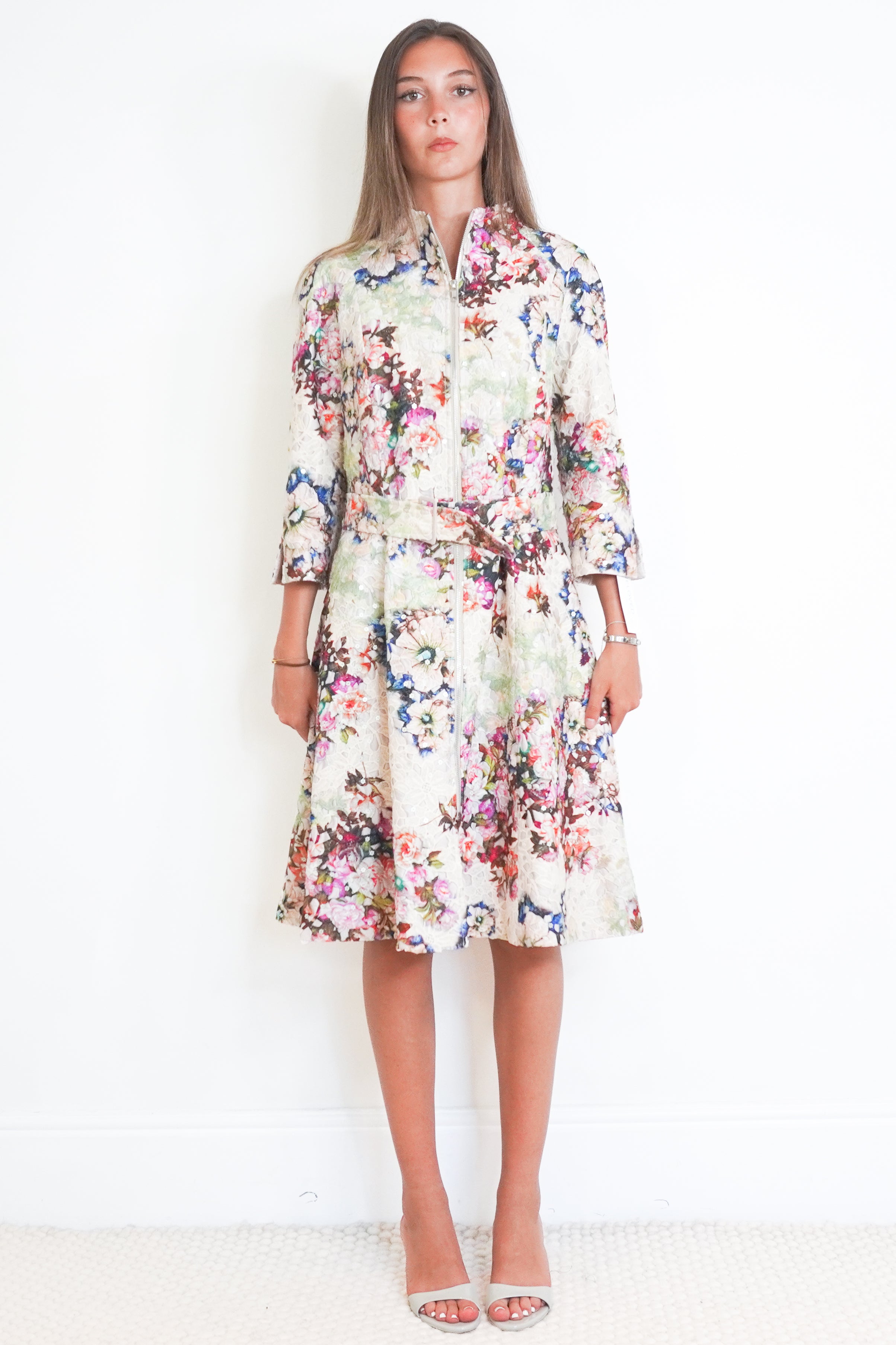 Favourbrook Floral Silk Evening Dress – Ivory / Multicolour front photo chelsea london