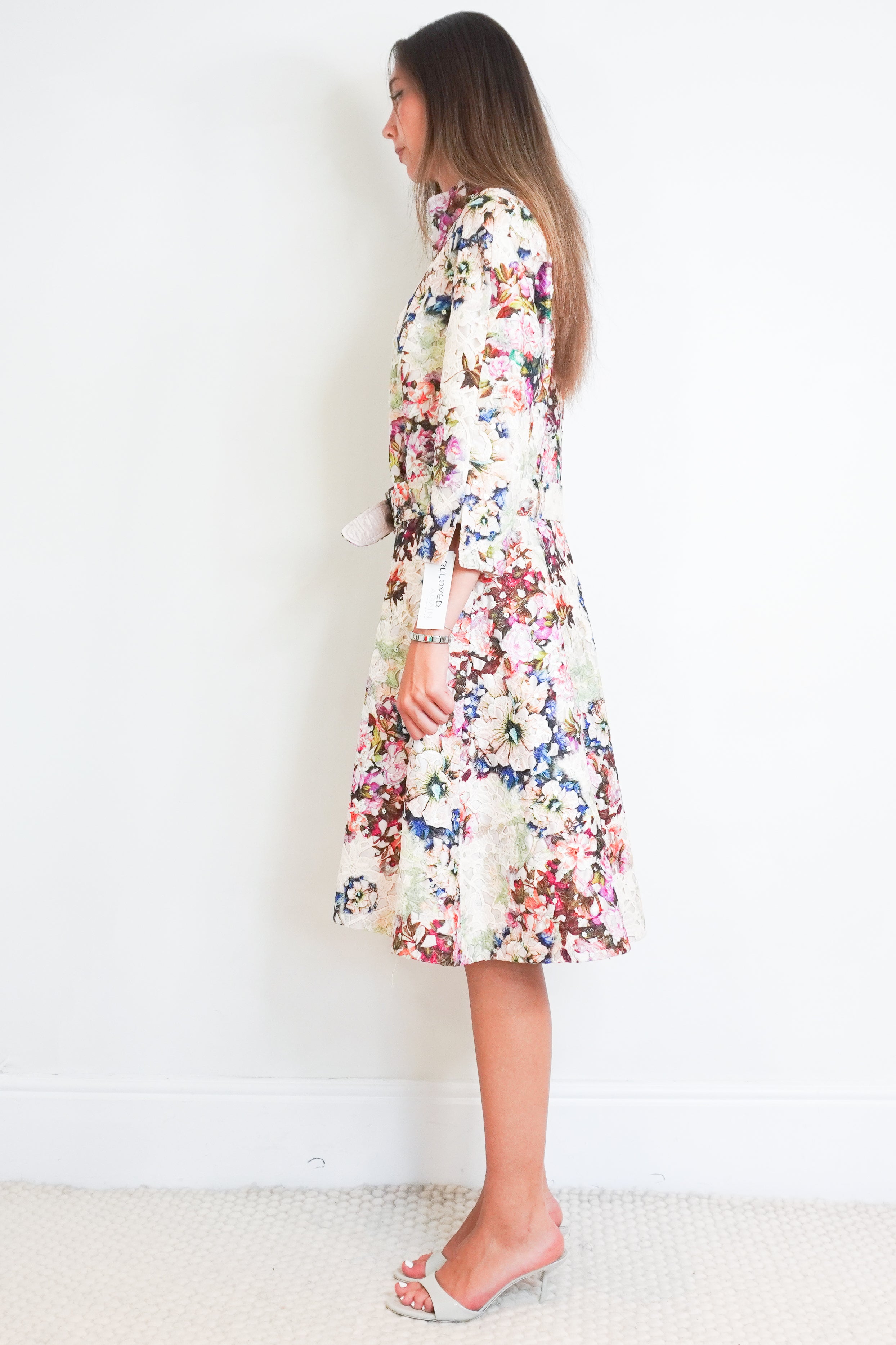 Favourbrook Floral Silk Evening Dress – Ivory / Multicolour side photo chelsea london