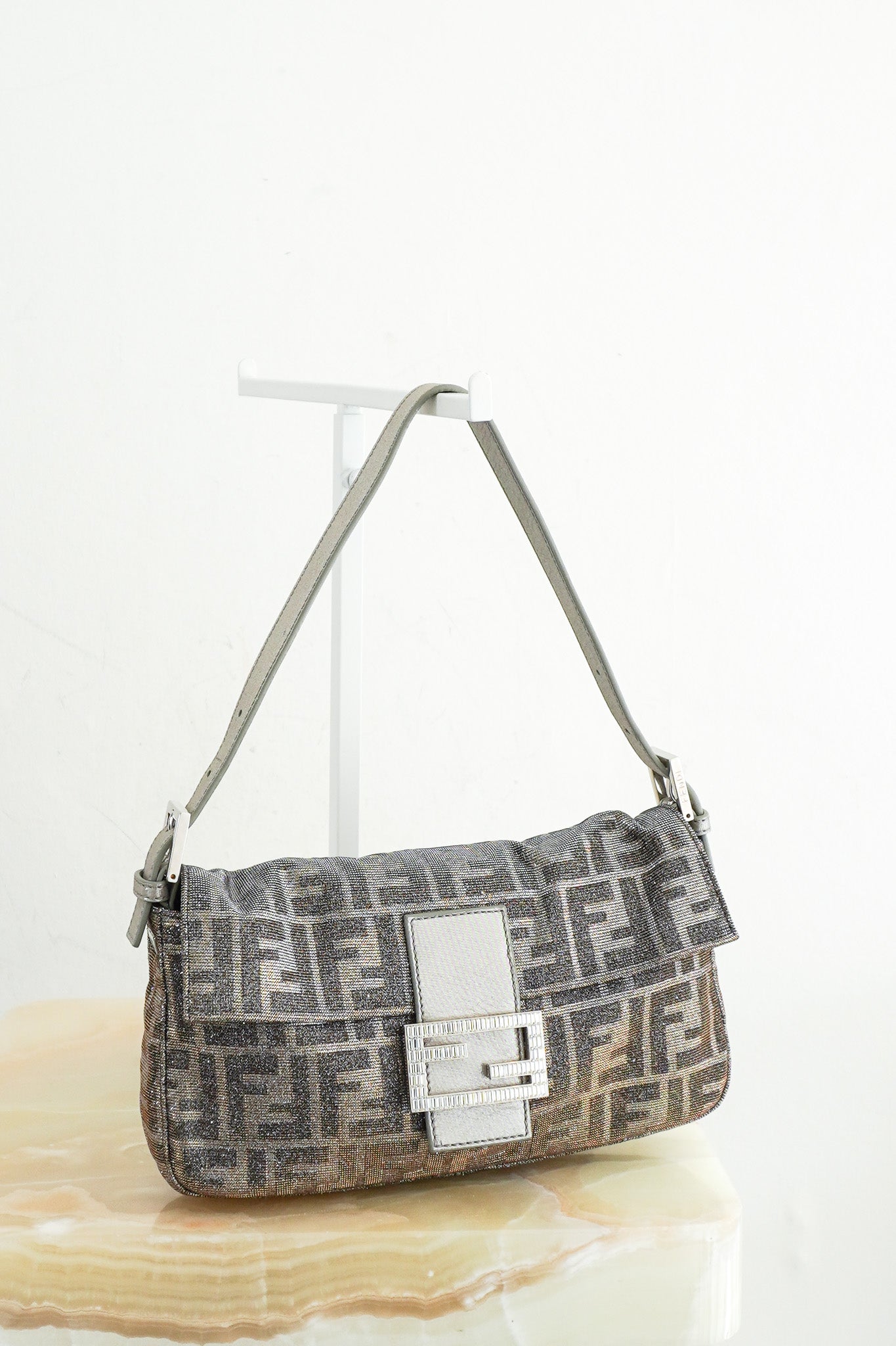 Fendi-Zucca-Baguette-Shoulder-Bag-in-Silver-Lame-front-picture-chelsea-london