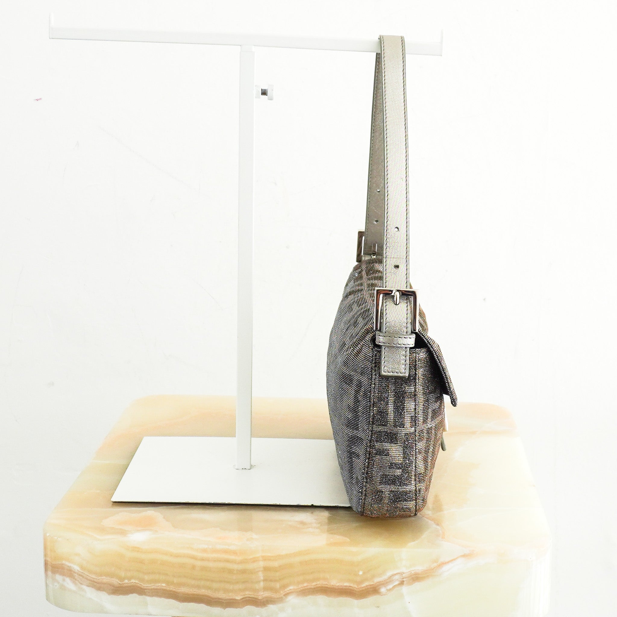 Fendi-Zucca-Baguette-Shoulder-Bag-in-Silver-Lame-side-picture