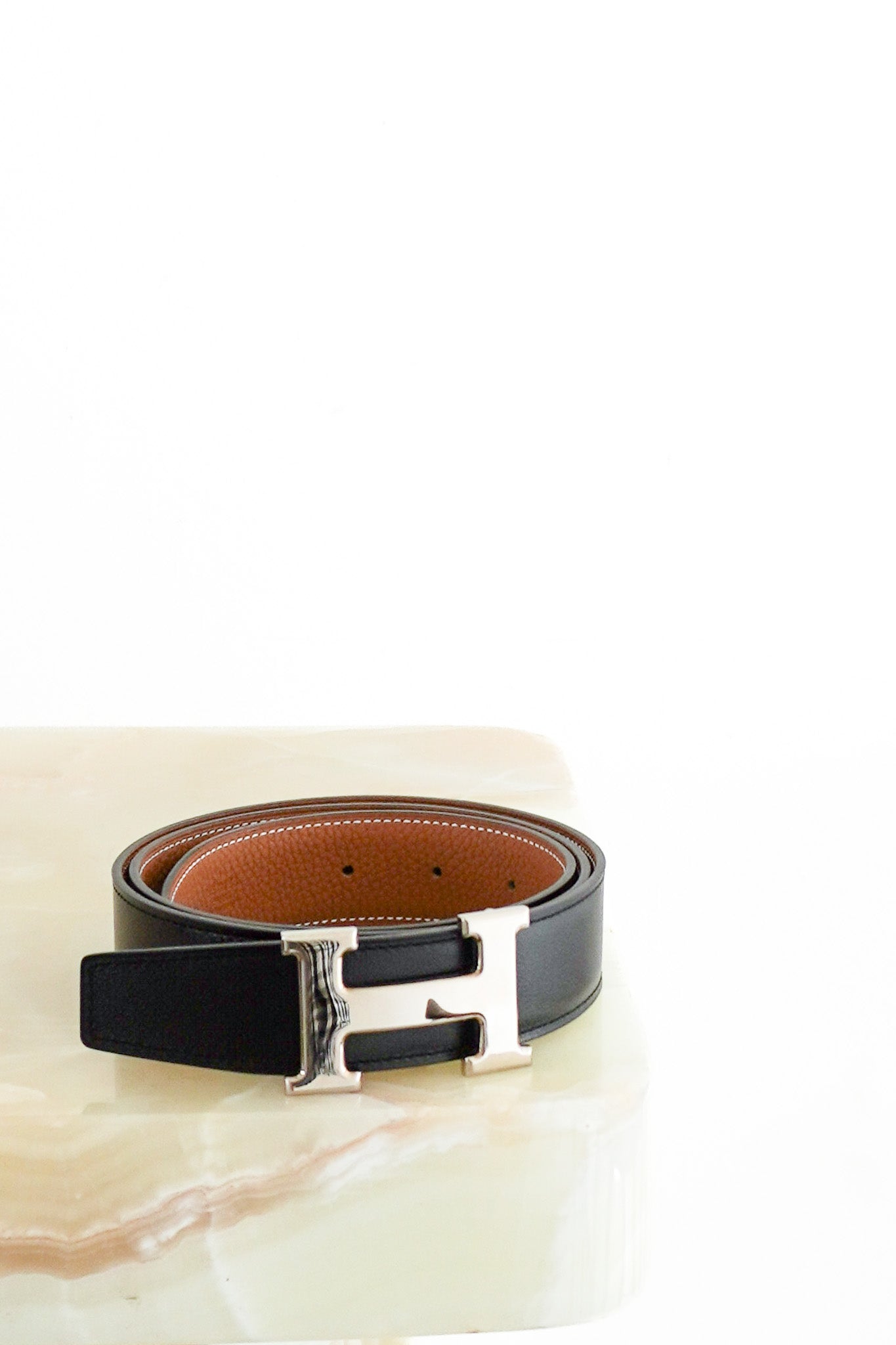 Front. Hermès H Reversible Leather Belt with Palladium-Plated Buckle London