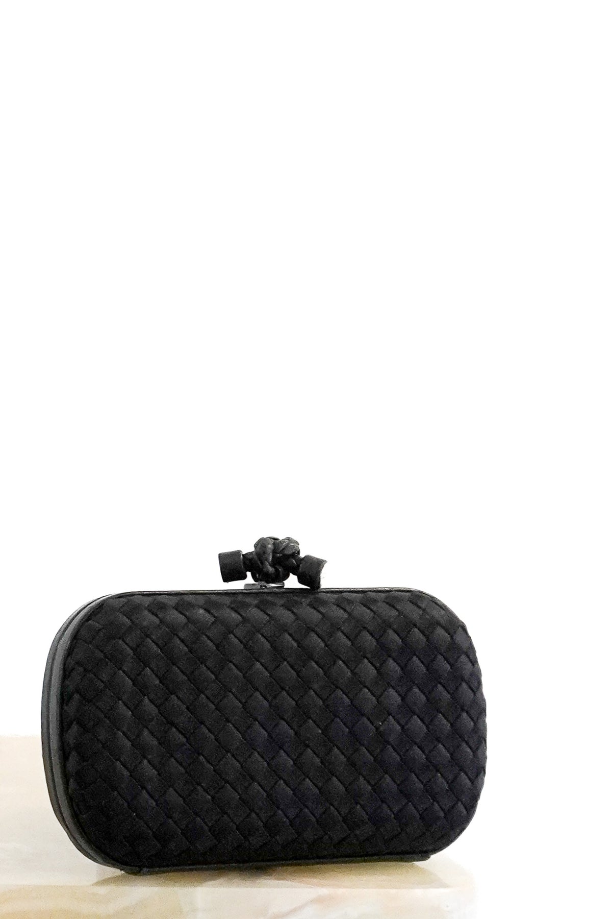 Front: Bottega Veneta Black Intrecciato Knot Clutch