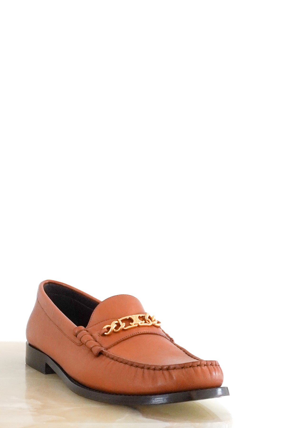 Front: Celine Triomphe Tan Brown Calfskin Leather Loafers