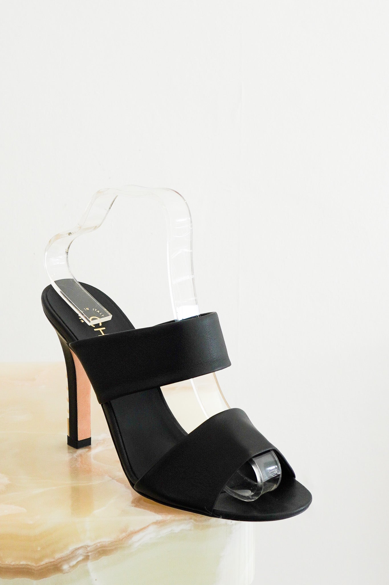 Front Chanel Black Leather Pearl Heels Chelsea London